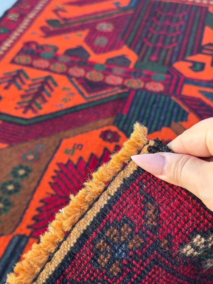 3x4-5 (91x140) Handmade Vintage Afghan Baluch Rug | Orange Forest Green Gold Blood Red Caramel Brown Burgundy Denim Blue | Wool