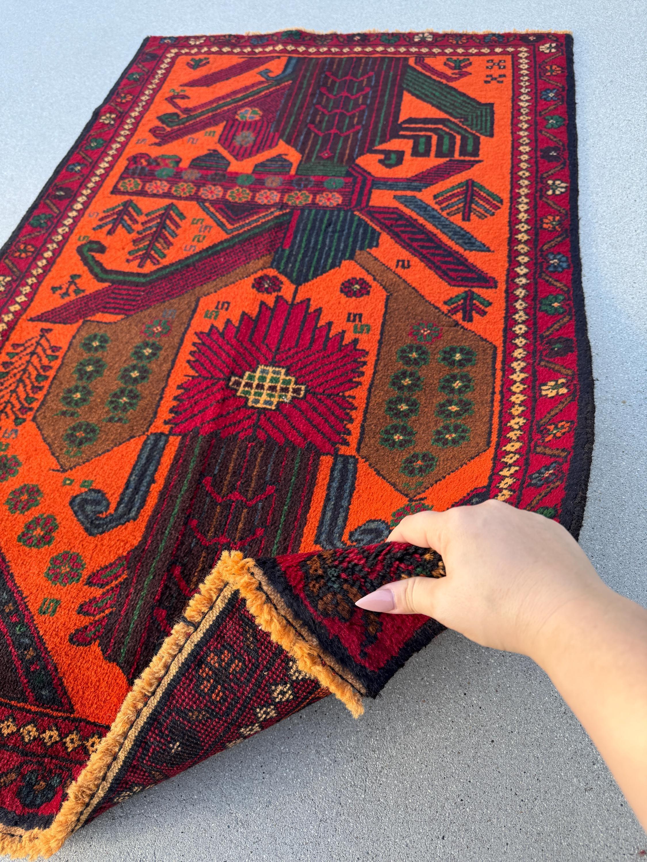 3x4-5 (91x140) Handmade Vintage Afghan Baluch Rug | Orange Forest Green Gold Blood Red Caramel Brown Burgundy Denim Blue | Wool