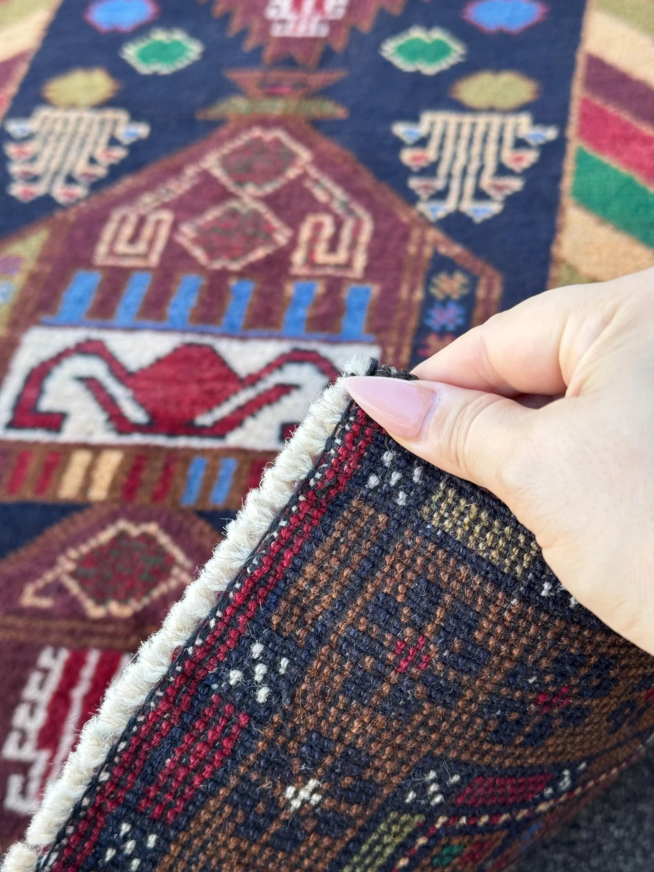 3x5 (91x152) Handmade Vintage Afghan Baluch Rug | Brown Caramel Tan Chocolate Brown Cream Olive Forest Green Blood Red Midnight Denim Blue