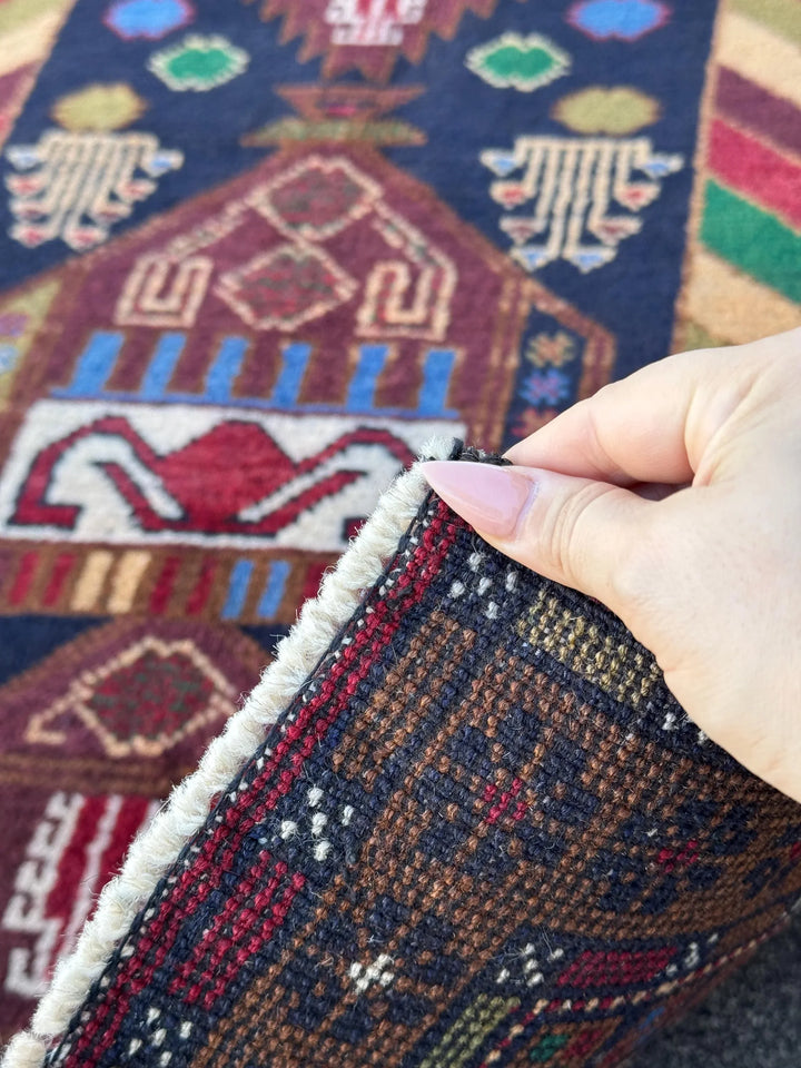 3x5 (91x152) Handmade Vintage Afghan Baluch Rug | Brown Caramel Tan Chocolate Brown Cream Olive Forest Green Blood Red Midnight Denim Blue