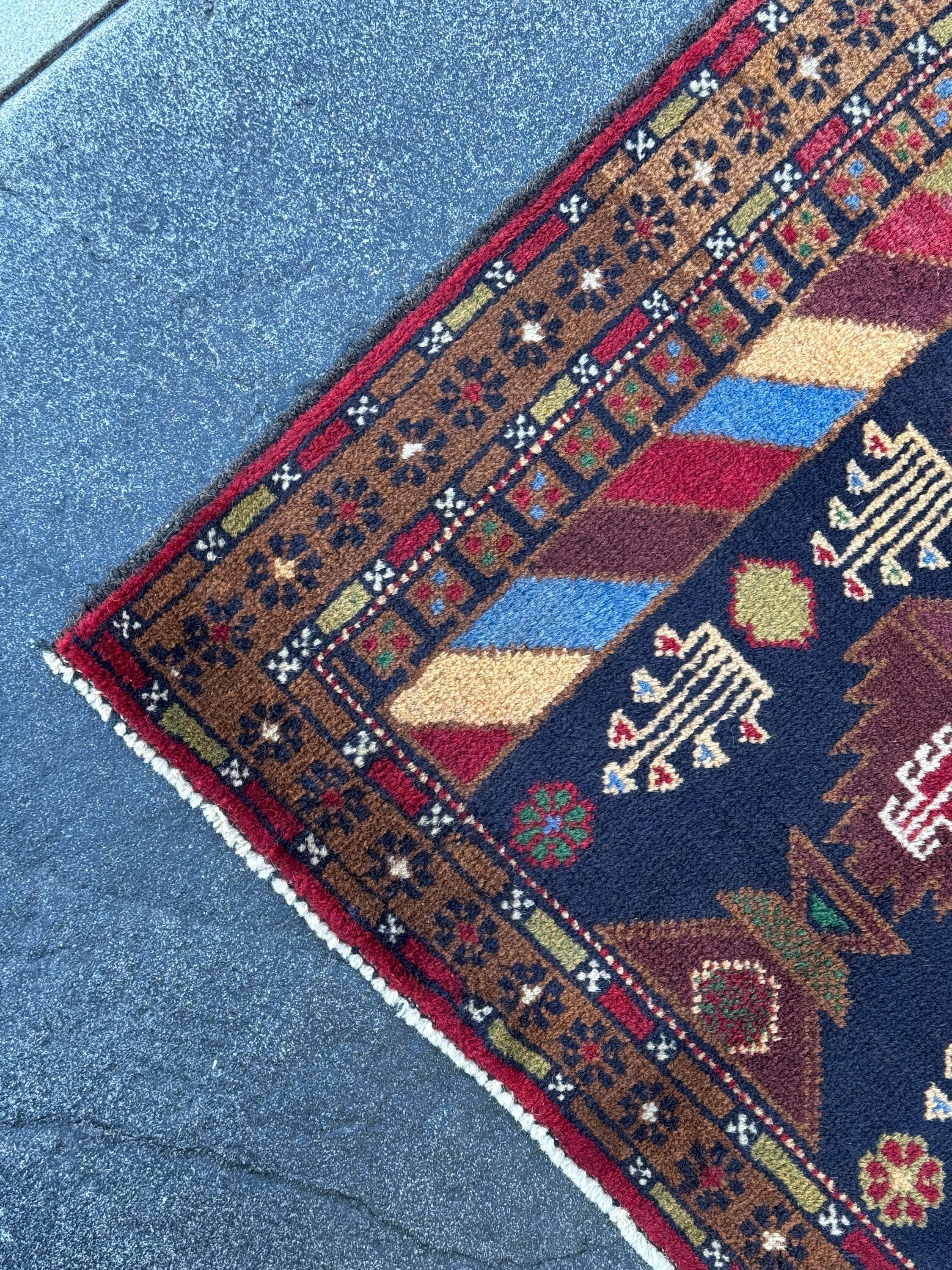3x5 (91x152) Handmade Vintage Afghan Baluch Rug | Brown Caramel Tan Chocolate Brown Cream Olive Forest Green Blood Red Midnight Denim Blue