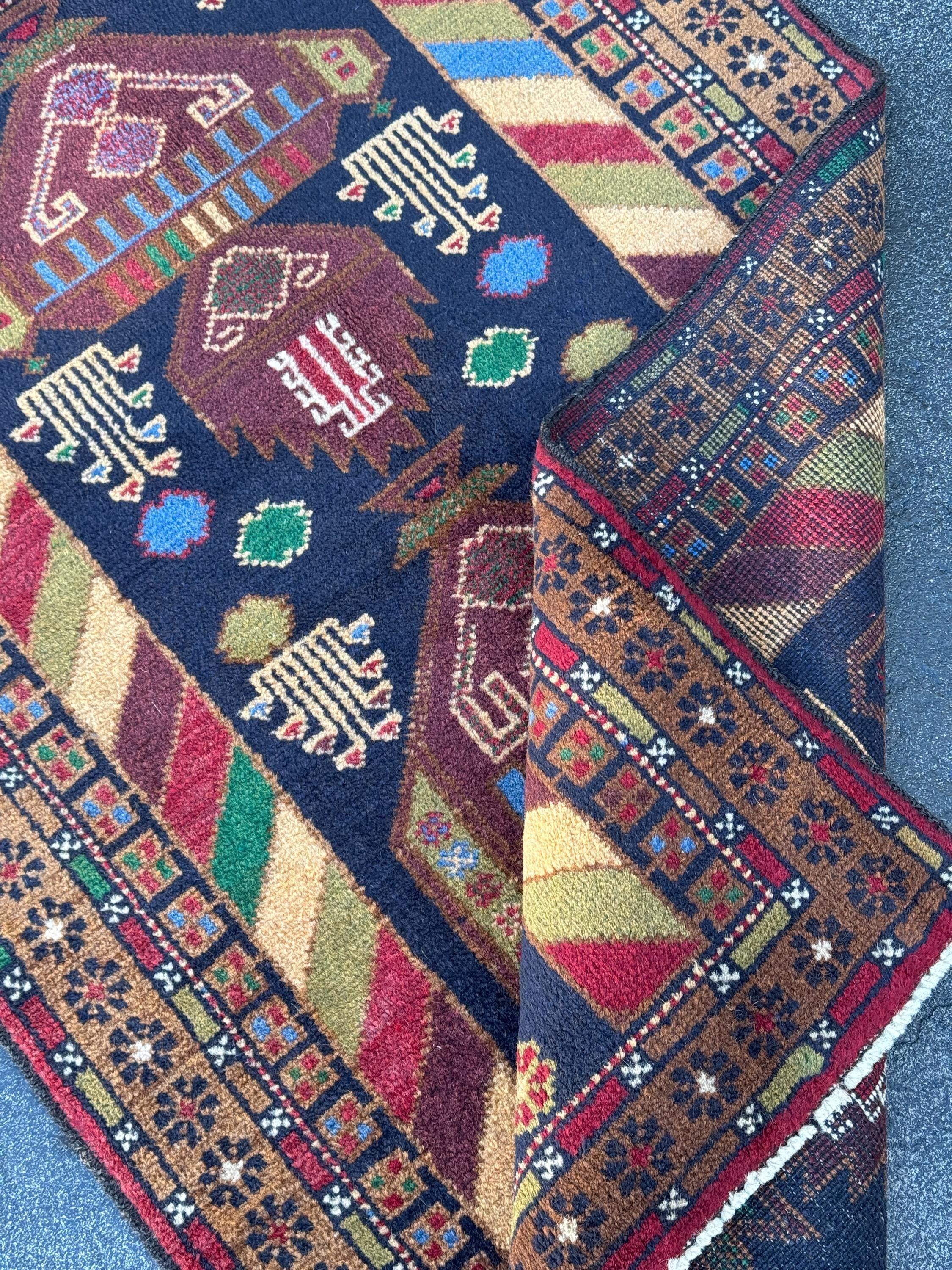 3x5 (91x152) Handmade Vintage Afghan Baluch Rug | Brown Caramel Tan Chocolate Brown Cream Olive Forest Green Blood Red Midnight Denim Blue