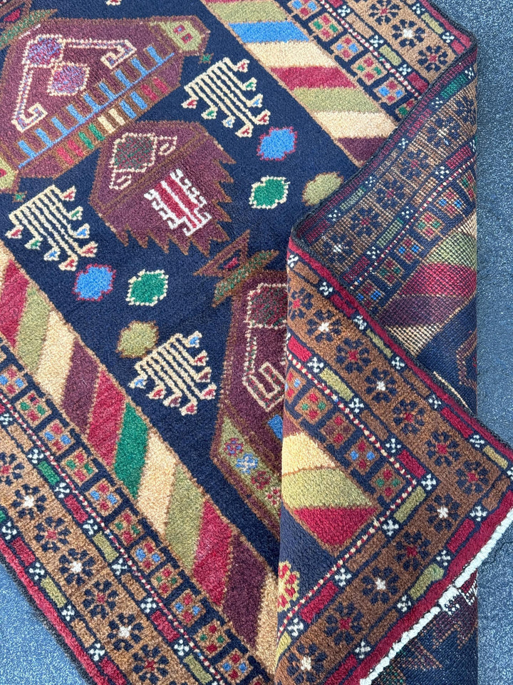 3x5 (91x152) Handmade Vintage Afghan Baluch Rug | Brown Caramel Tan Chocolate Brown Cream Olive Forest Green Blood Red Midnight Denim Blue