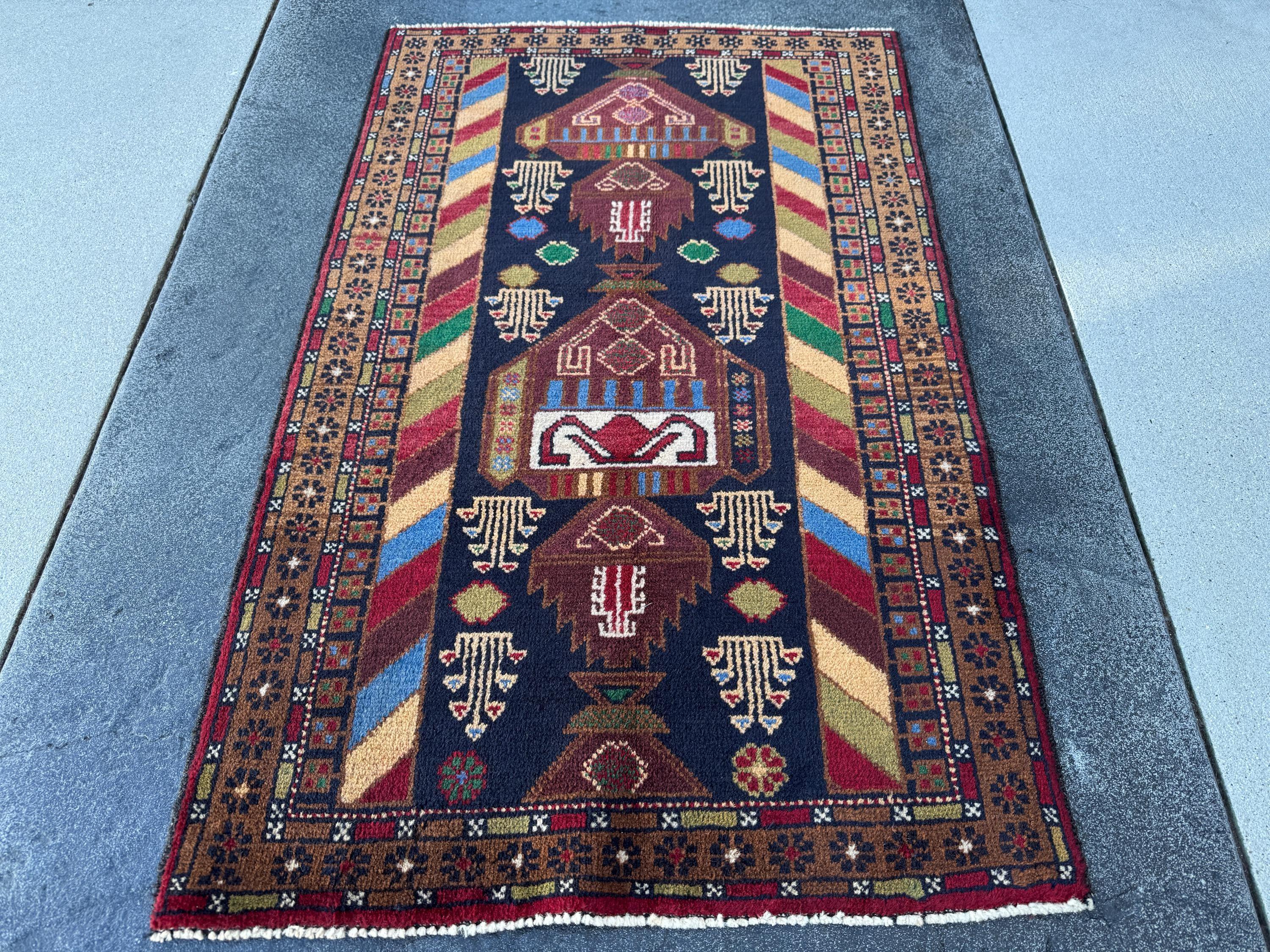 3x5 (91x152) Handmade Vintage Afghan Baluch Rug | Brown Caramel Tan Chocolate Brown Cream Olive Forest Green Blood Red Midnight Denim Blue
