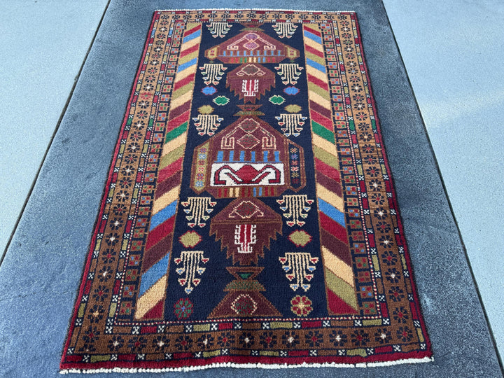 3x5 (91x152) Handmade Vintage Afghan Baluch Rug | Brown Caramel Tan Chocolate Brown Cream Olive Forest Green Blood Red Midnight Denim Blue