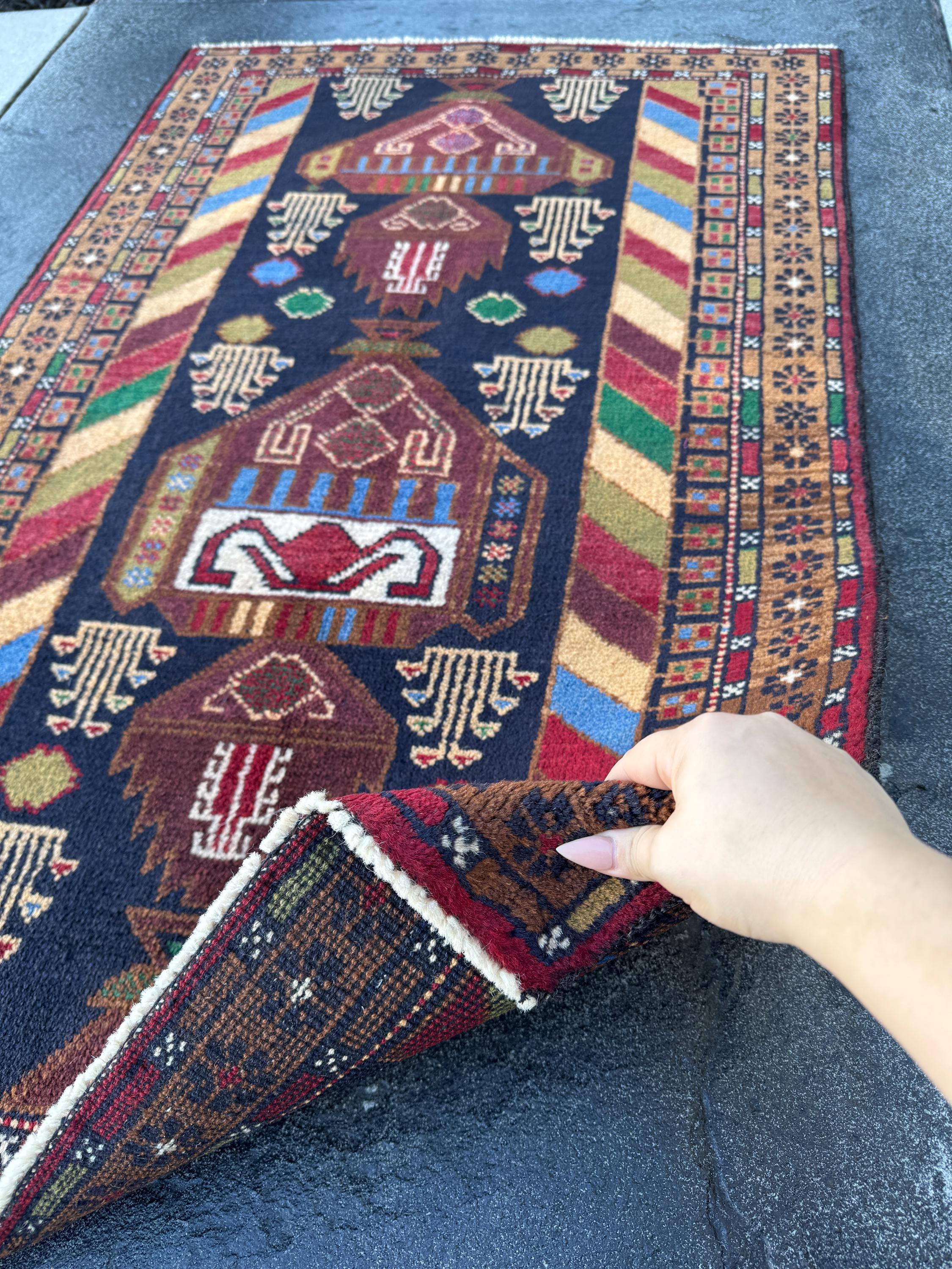 3x5 (91x152) Handmade Vintage Afghan Baluch Rug | Brown Caramel Tan Chocolate Brown Cream Olive Forest Green Blood Red Midnight Denim Blue