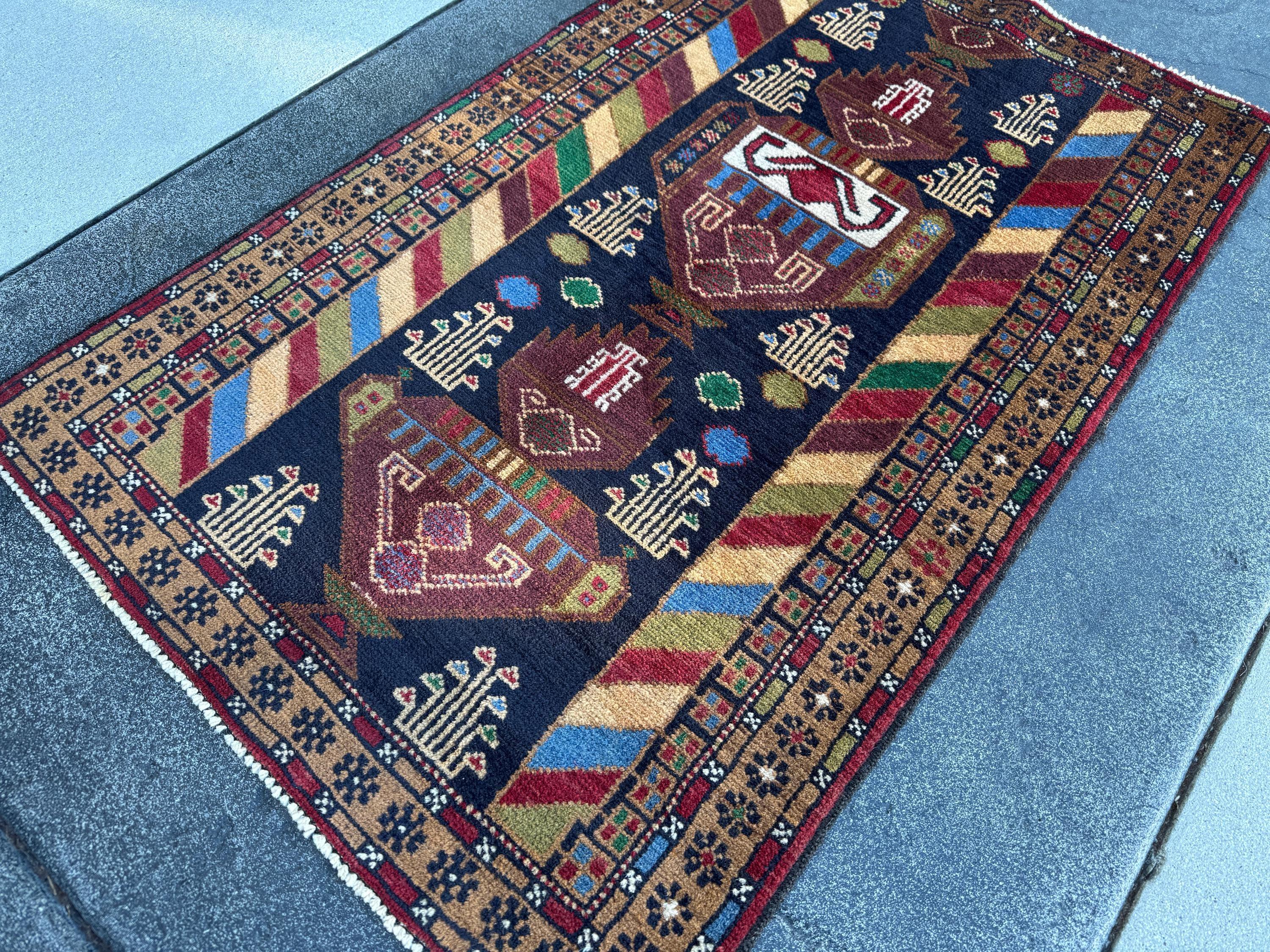3x5 (91x152) Handmade Vintage Afghan Baluch Rug | Brown Caramel Tan Chocolate Brown Cream Olive Forest Green Blood Red Midnight Denim Blue