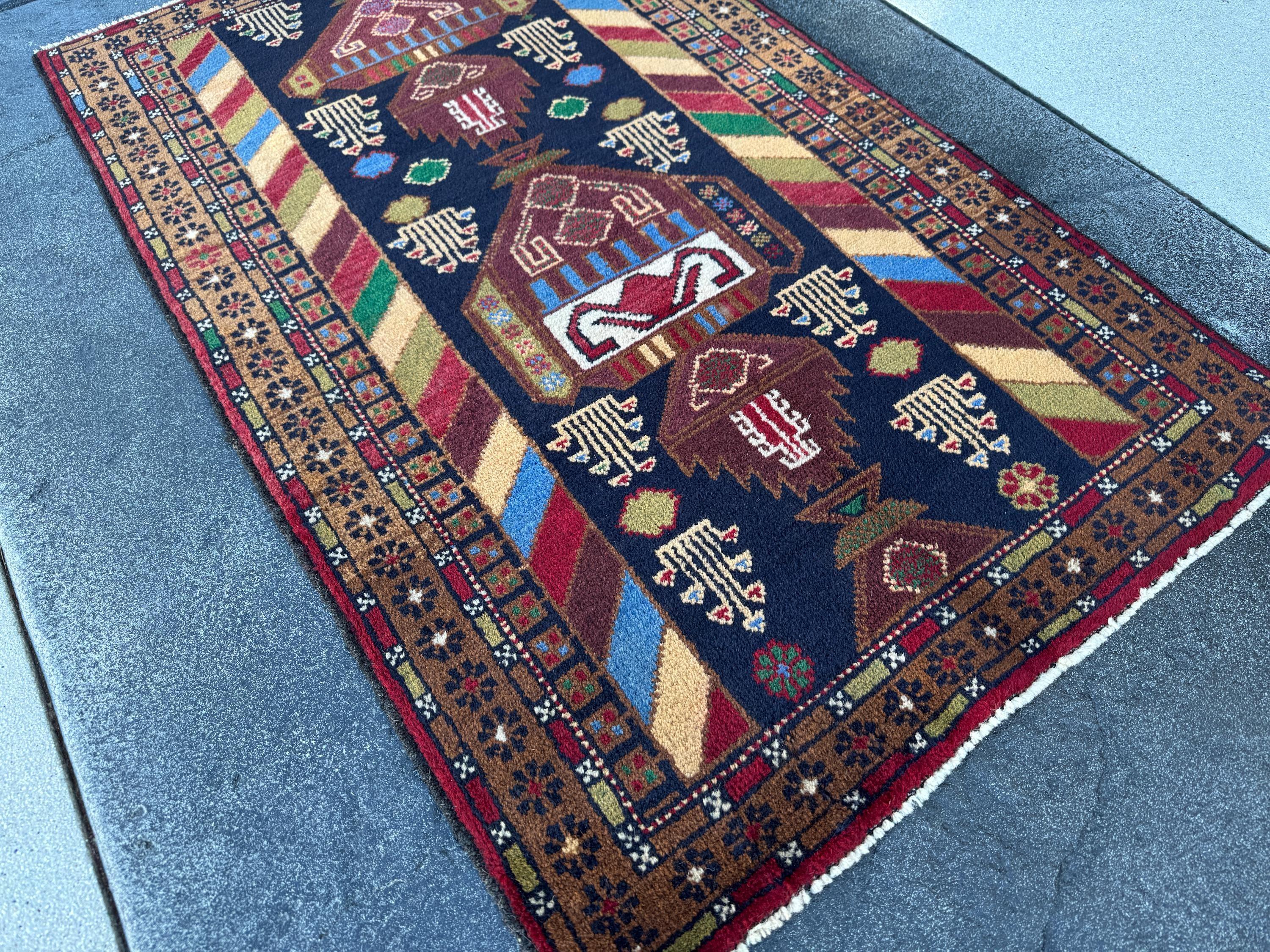 3x5 (91x152) Handmade Vintage Afghan Baluch Rug | Brown Caramel Tan Chocolate Brown Cream Olive Forest Green Blood Red Midnight Denim Blue