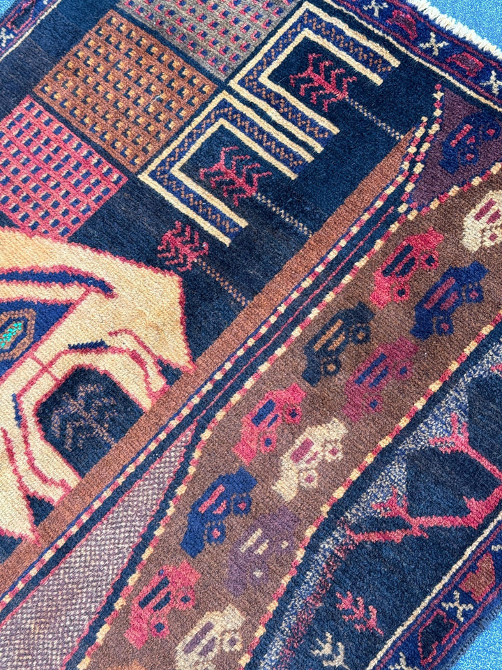 3x5 (91x152) Handmade Vintage Afghan Baluch Rug | Brown Caramel Coffee Gold Saffron Black Brick Red Midnight Blue Black Grey Green Orange