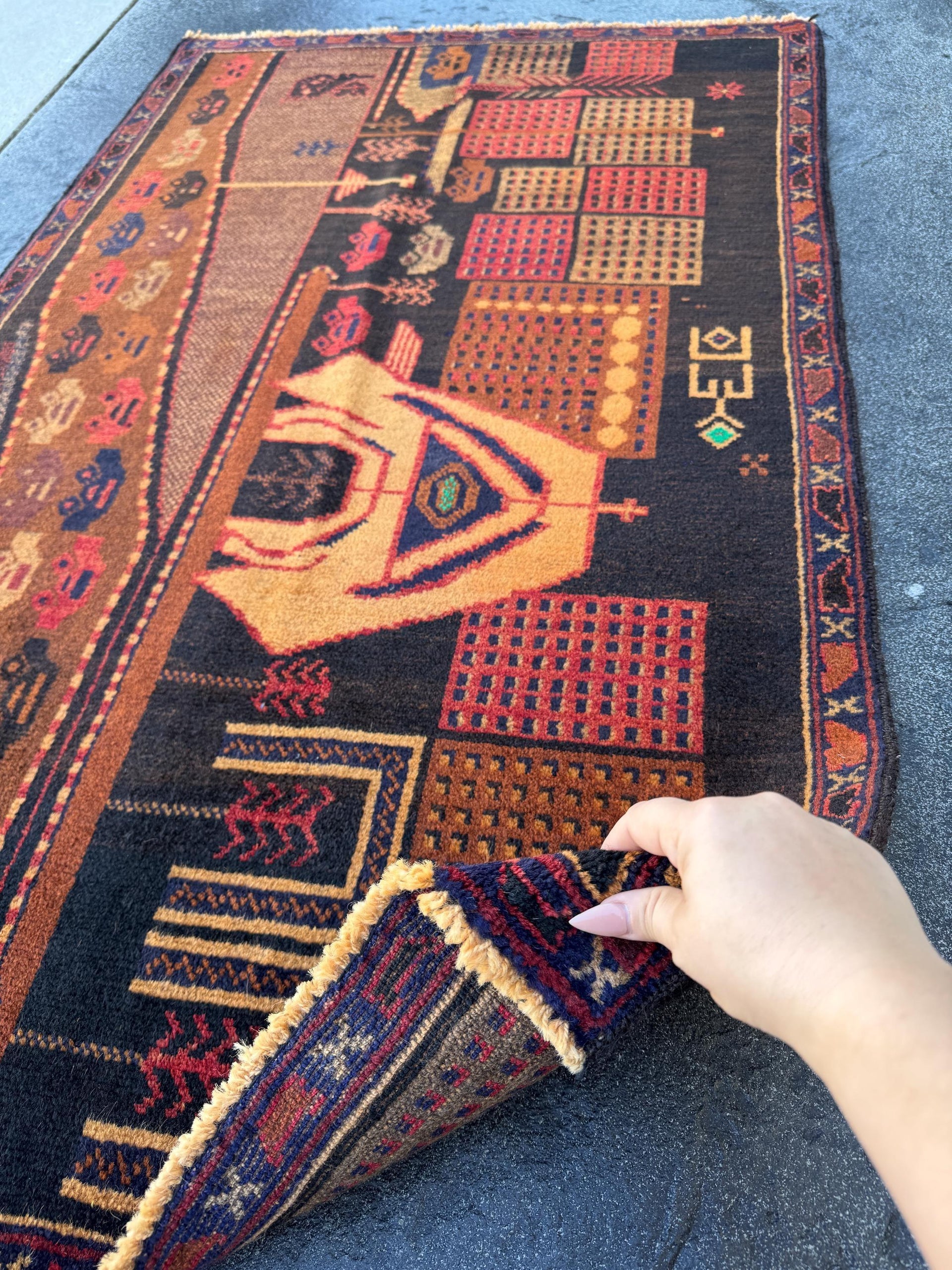 3x5 (91x152) Handmade Vintage Afghan Baluch Rug | Brown Caramel Coffee Gold Saffron Black Brick Red Midnight Blue Black Grey Green Orange