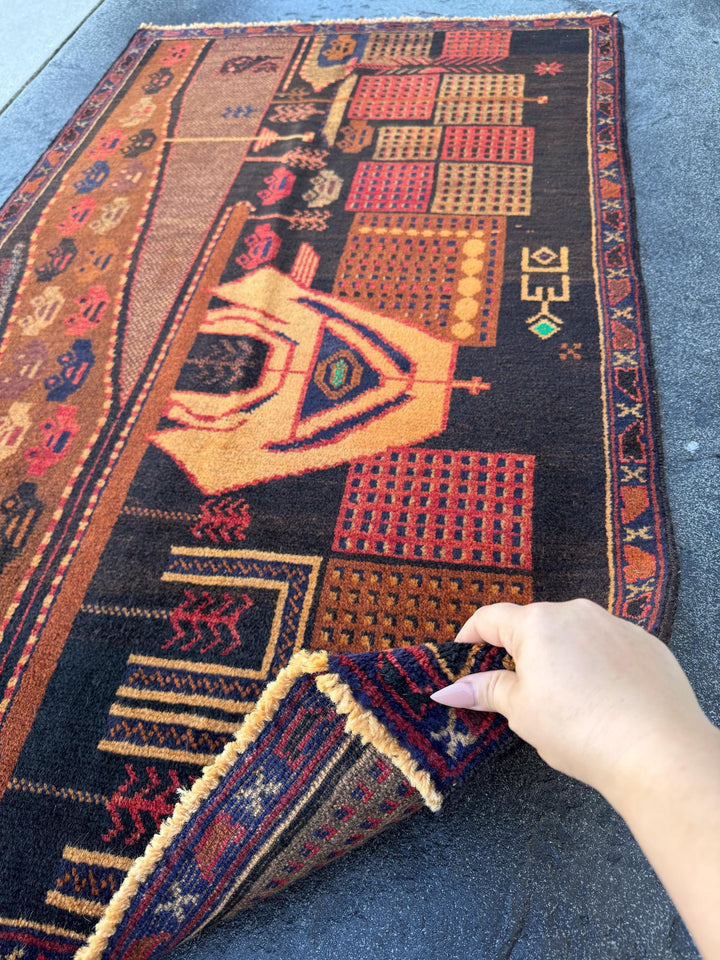 3x5 (91x152) Handmade Vintage Afghan Baluch Rug | Brown Caramel Coffee Gold Saffron Black Brick Red Midnight Blue Black Grey Green Orange