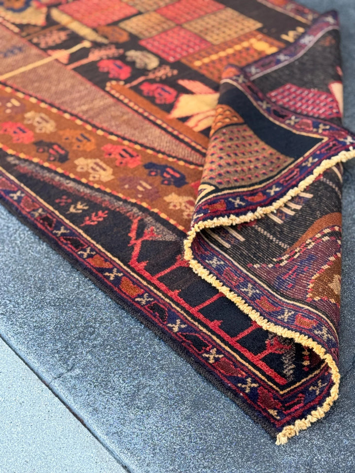 3x5 (91x152) Handmade Vintage Afghan Baluch Rug | Brown Caramel Coffee Gold Saffron Black Brick Red Midnight Blue Black Grey Green Orange