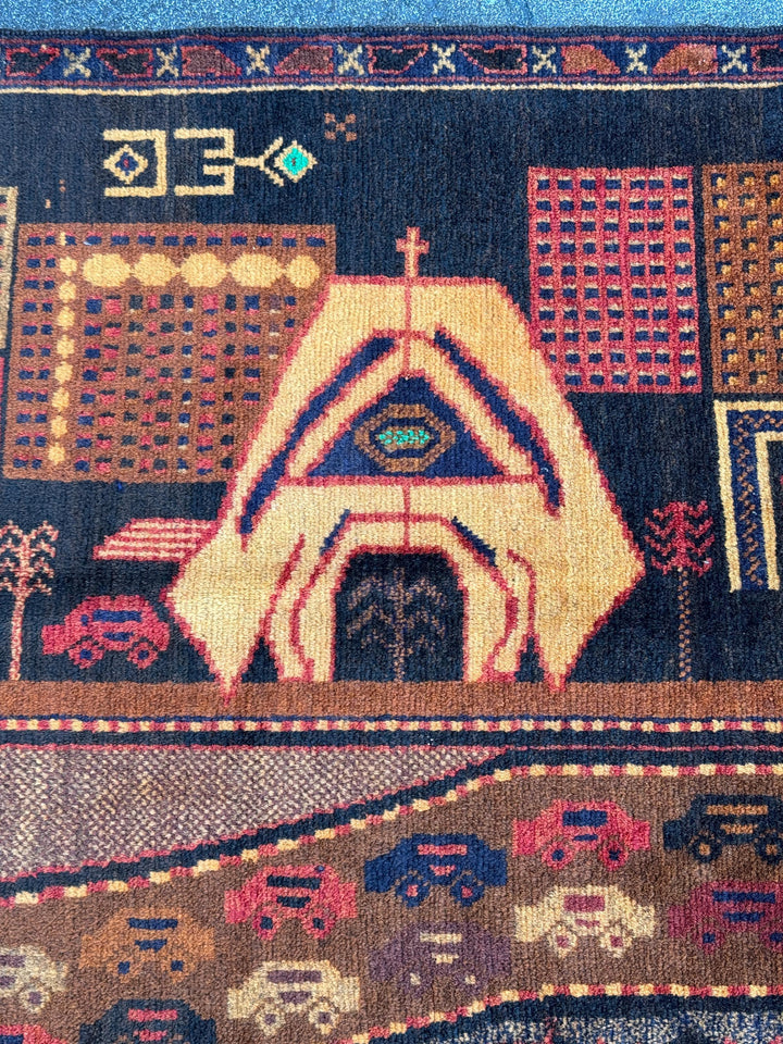 3x5 (91x152) Handmade Vintage Afghan Baluch Rug | Brown Caramel Coffee Gold Saffron Black Brick Red Midnight Blue Black Grey Green Orange