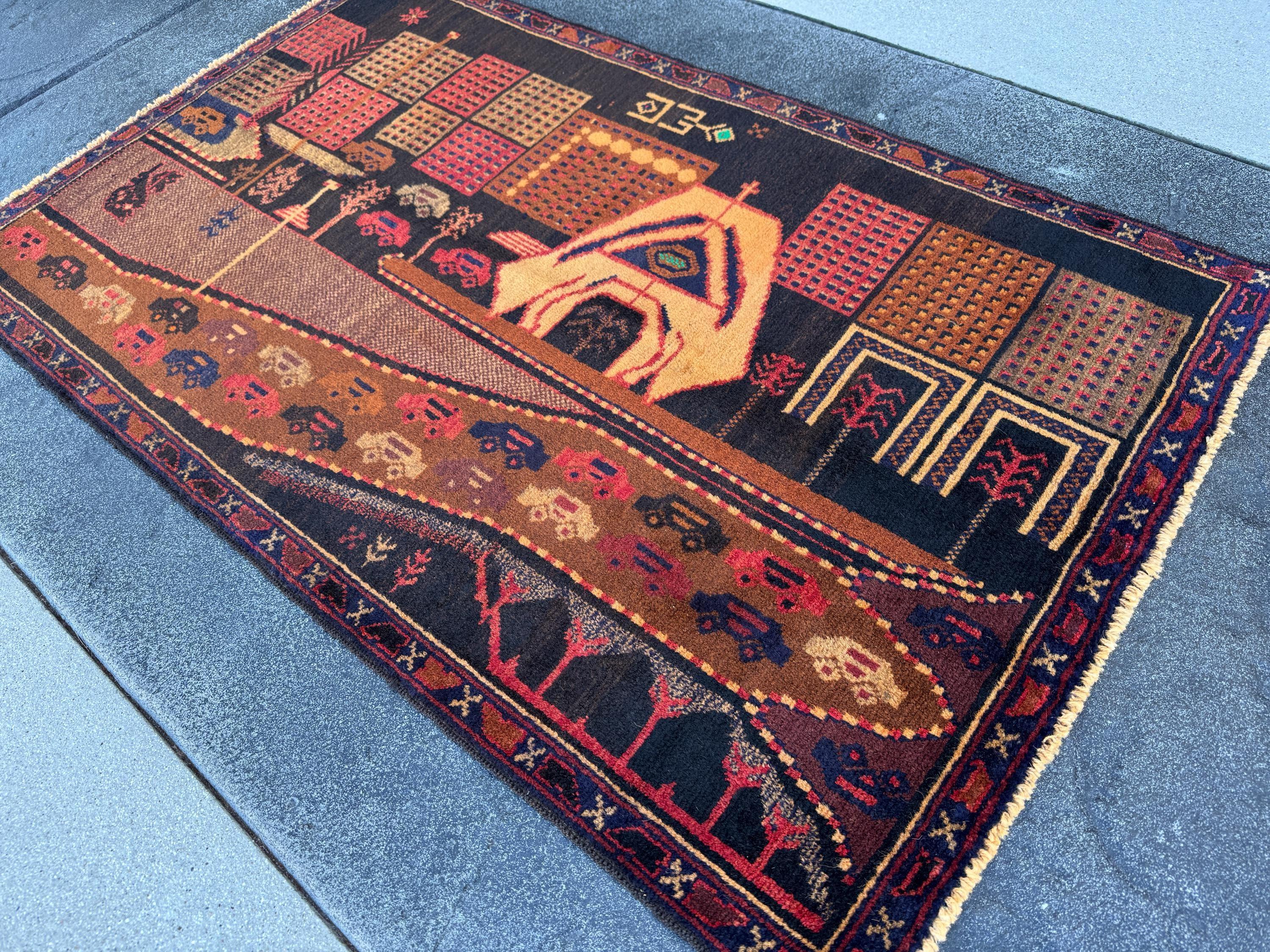 3x5 (91x152) Handmade Vintage Afghan Baluch Rug | Brown Caramel Coffee Gold Saffron Black Brick Red Midnight Blue Black Grey Green Orange