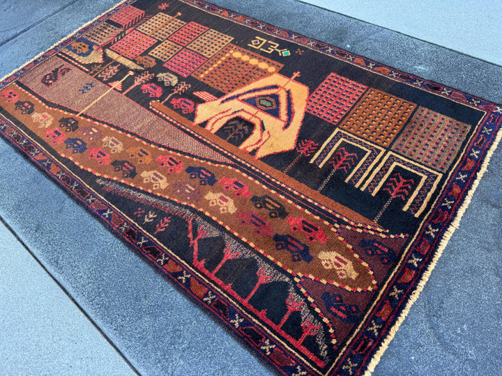 3x5 (91x152) Handmade Vintage Afghan Baluch Rug | Brown Caramel Coffee Gold Saffron Black Brick Red Midnight Blue Black Grey Green Orange
