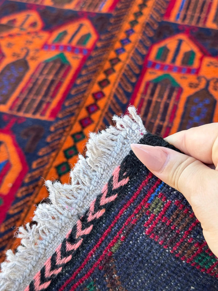 3x5 (91x152) Handmade Vintage Afghan Baluch Rug | Orange Midnight Royal Blue Pink Crimson Burgundy Blood Red Black Forest Green | Wool