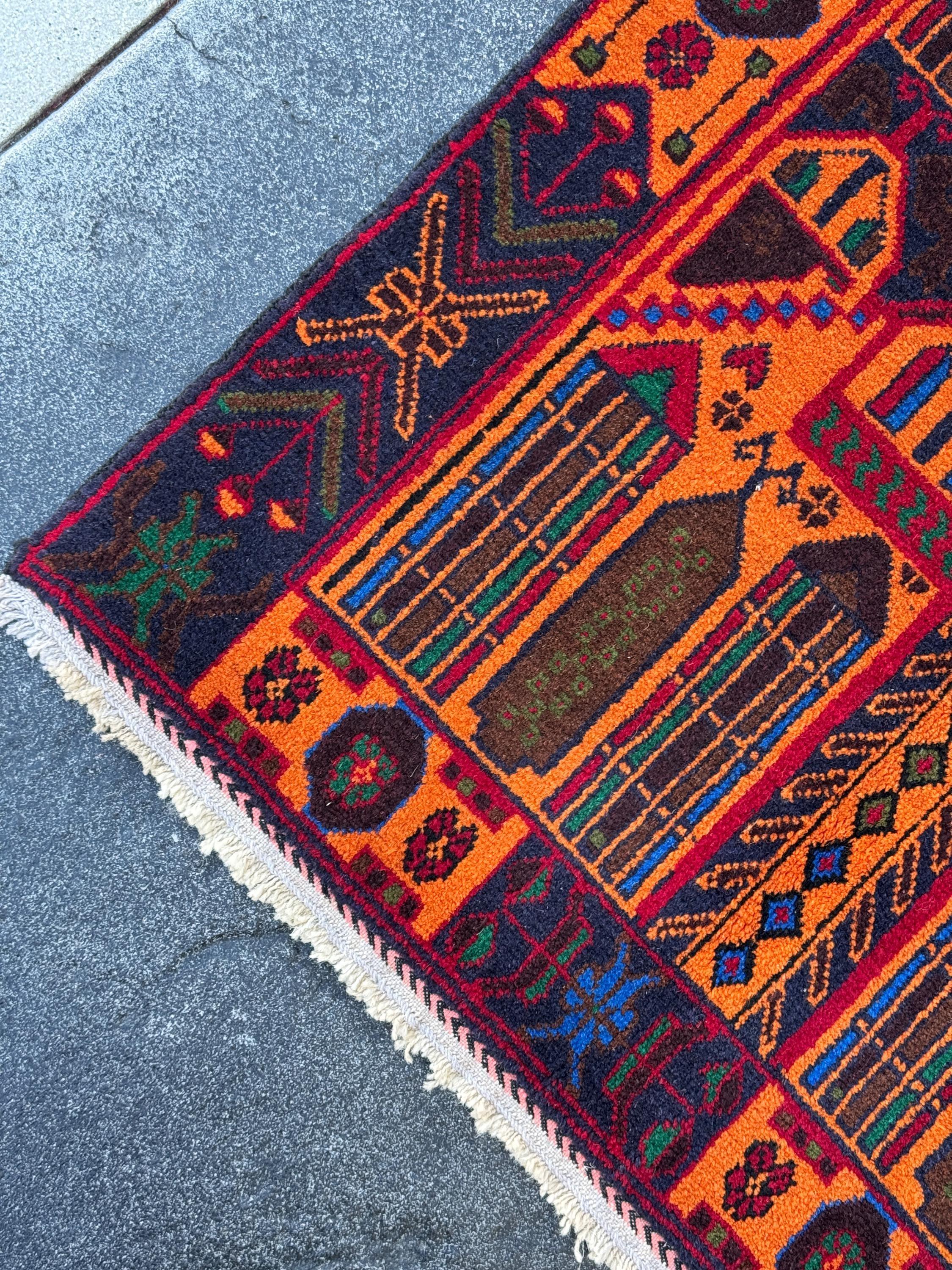 3x5 (91x152) Handmade Vintage Afghan Baluch Rug | Orange Midnight Royal Blue Pink Crimson Burgundy Blood Red Black Forest Green | Wool