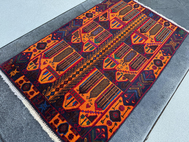 3x5 (91x152) Handmade Vintage Afghan Baluch Rug | Orange Midnight Royal Blue Pink Crimson Burgundy Blood Red Black Forest Green | Wool