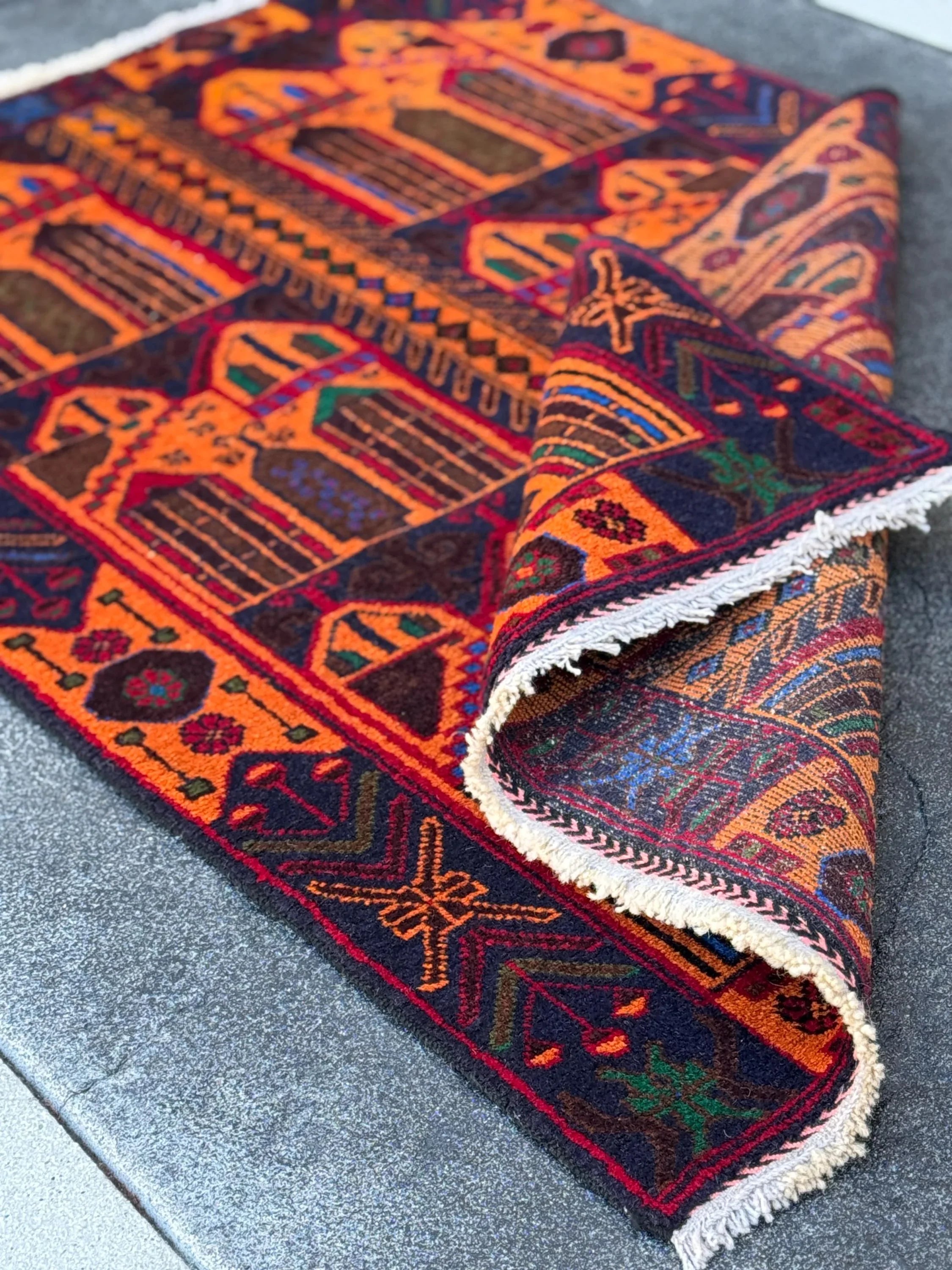 3x5 (91x152) Handmade Vintage Afghan Baluch Rug | Orange Midnight Royal Blue Pink Crimson Burgundy Blood Red Black Forest Green | Wool