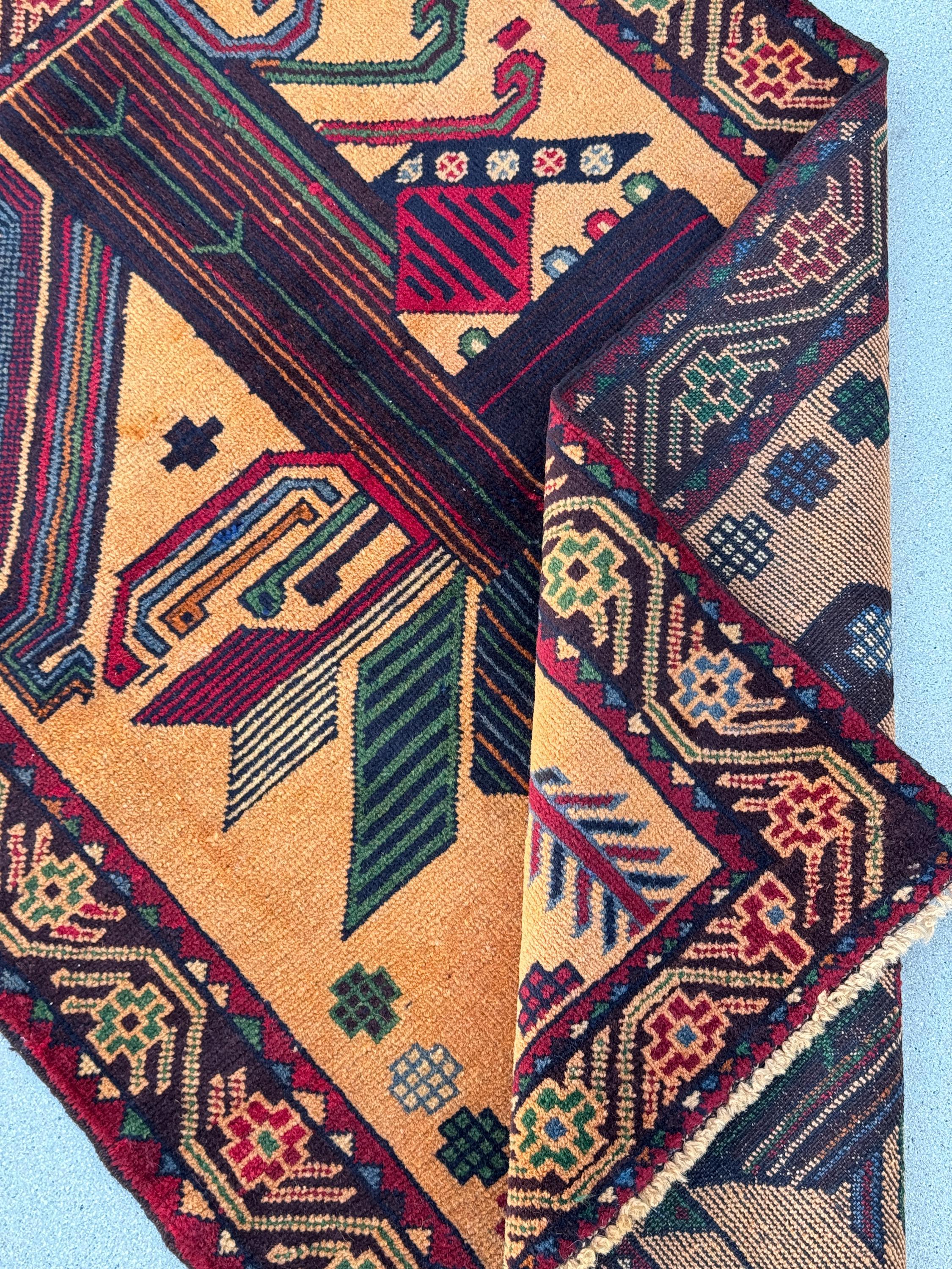 3x4-5 (91x140) Handmade Vintage Afghan Baluch Rug | Peach Saffron Orange Forest Green Cornsilk Midnight Denim Blue Crimson Red Caramel Brown