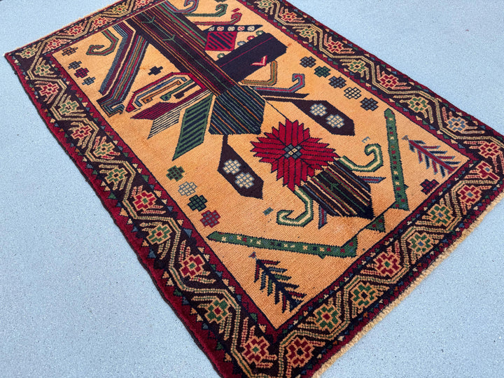 3x4-5 (91x140) Handmade Vintage Afghan Baluch Rug | Peach Saffron Orange Forest Green Cornsilk Midnight Denim Blue Crimson Red Caramel Brown
