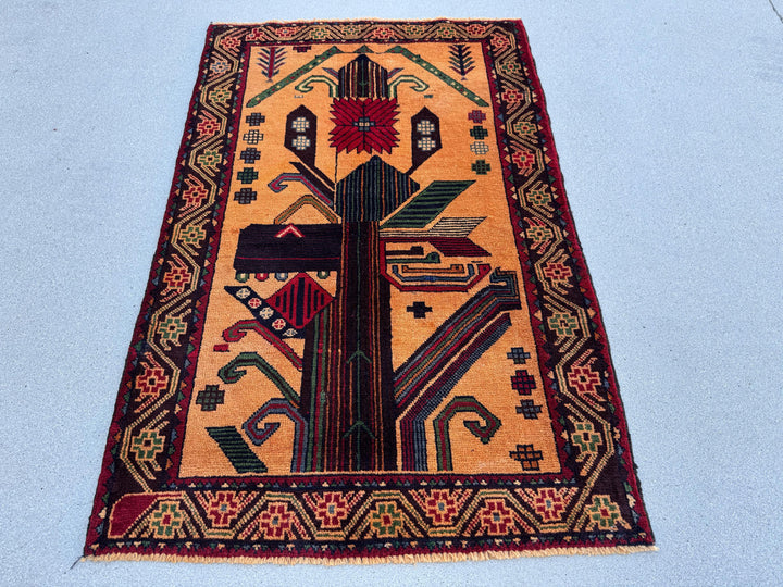 3x4-5 (91x140) Handmade Vintage Afghan Baluch Rug | Peach Saffron Orange Forest Green Cornsilk Midnight Denim Blue Crimson Red Caramel Brown