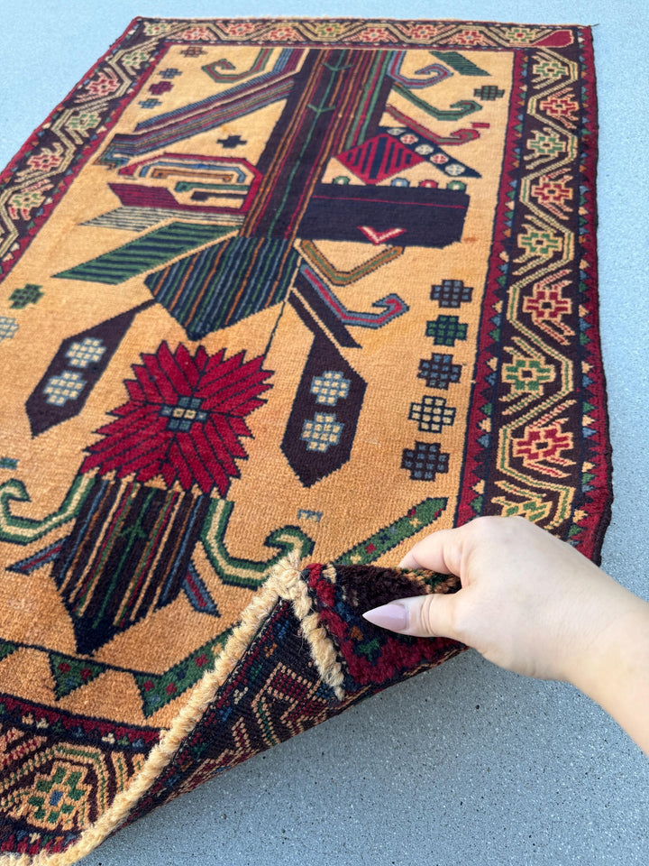 3x4-5 (91x140) Handmade Vintage Afghan Baluch Rug | Peach Saffron Orange Forest Green Cornsilk Midnight Denim Blue Crimson Red Caramel Brown