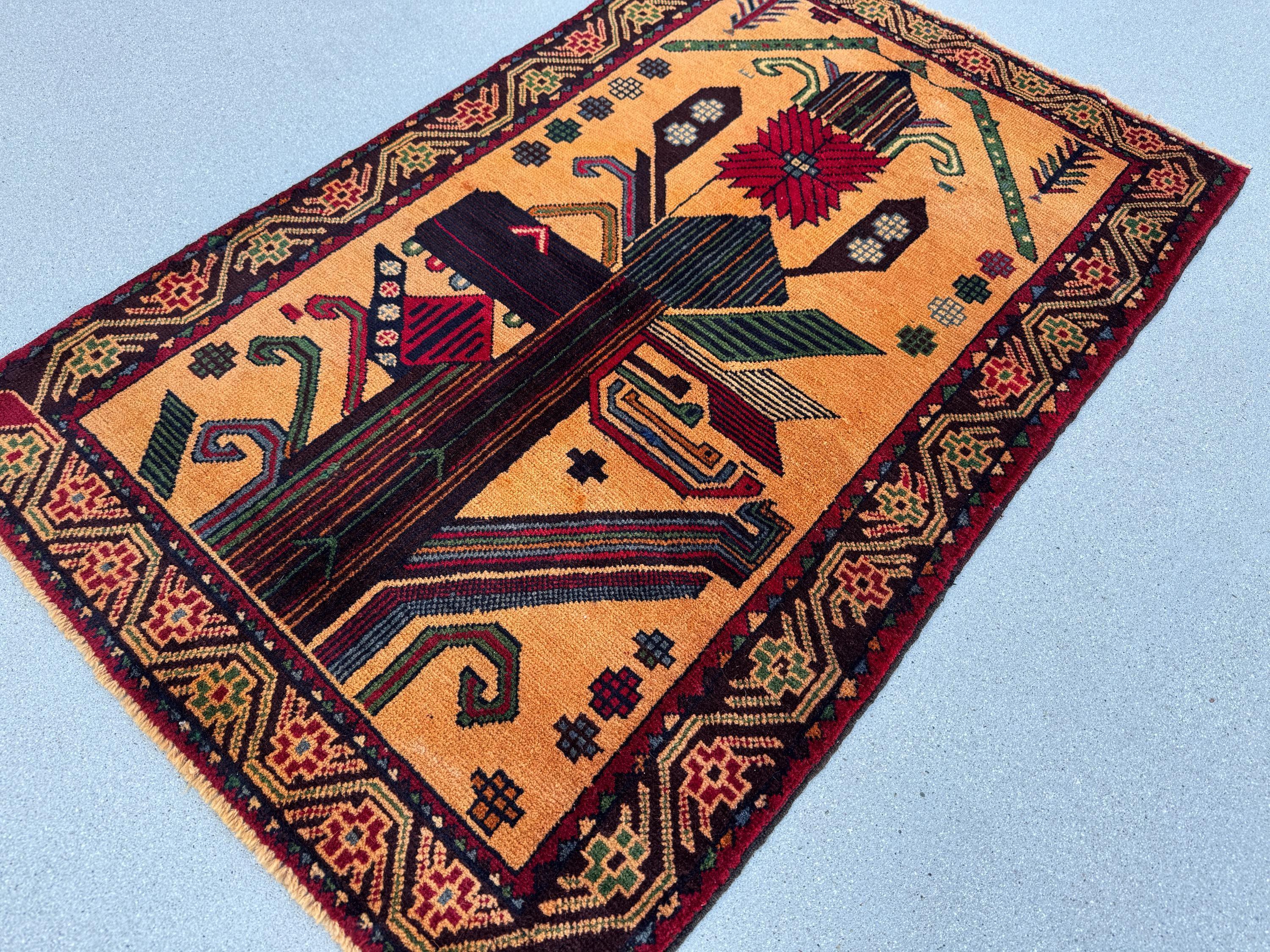 3x4-5 (91x140) Handmade Vintage Afghan Baluch Rug | Peach Saffron Orange Forest Green Cornsilk Midnight Denim Blue Crimson Red Caramel Brown