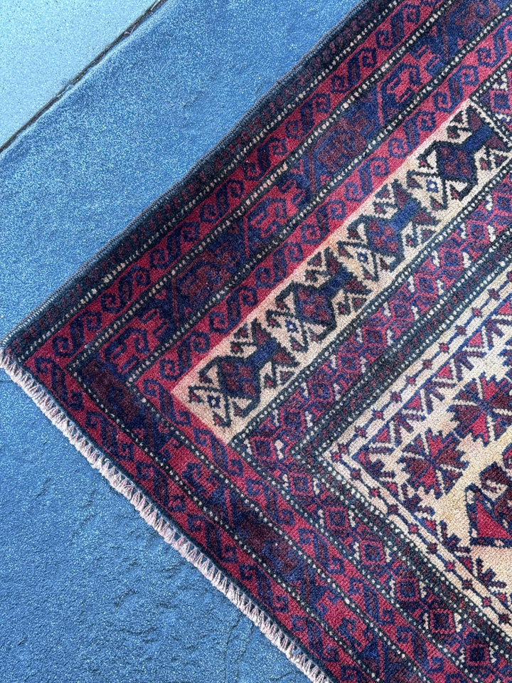 3x5 (91x152) Handmade Vintage Afghan Baluch Rug | Burgundy Wine Blood Brick Red Cream Midnight Navy Blue White | Wool Geometric