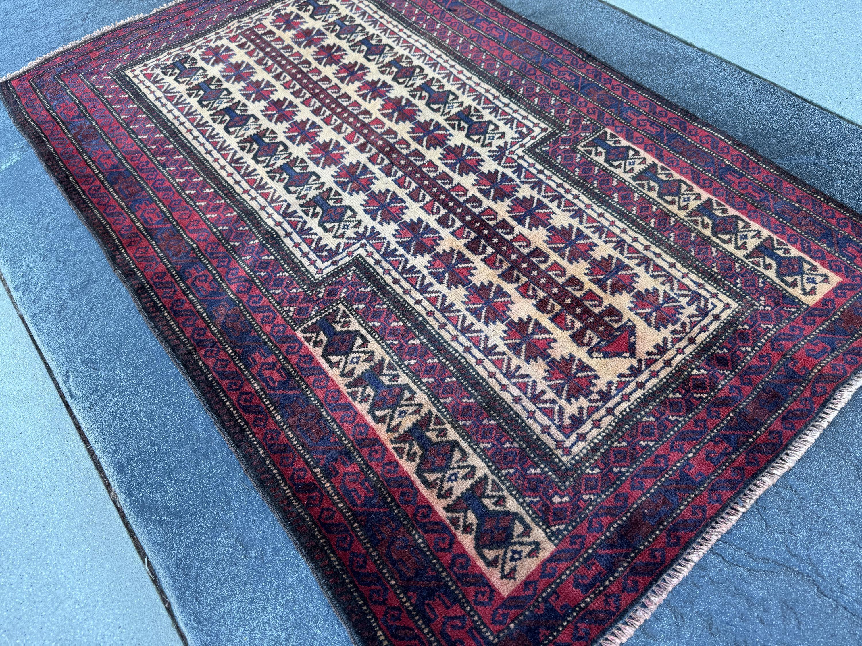 3x5 (91x152) Handmade Vintage Afghan Baluch Rug | Burgundy Wine Blood Brick Red Cream Midnight Navy Blue White | Wool Geometric