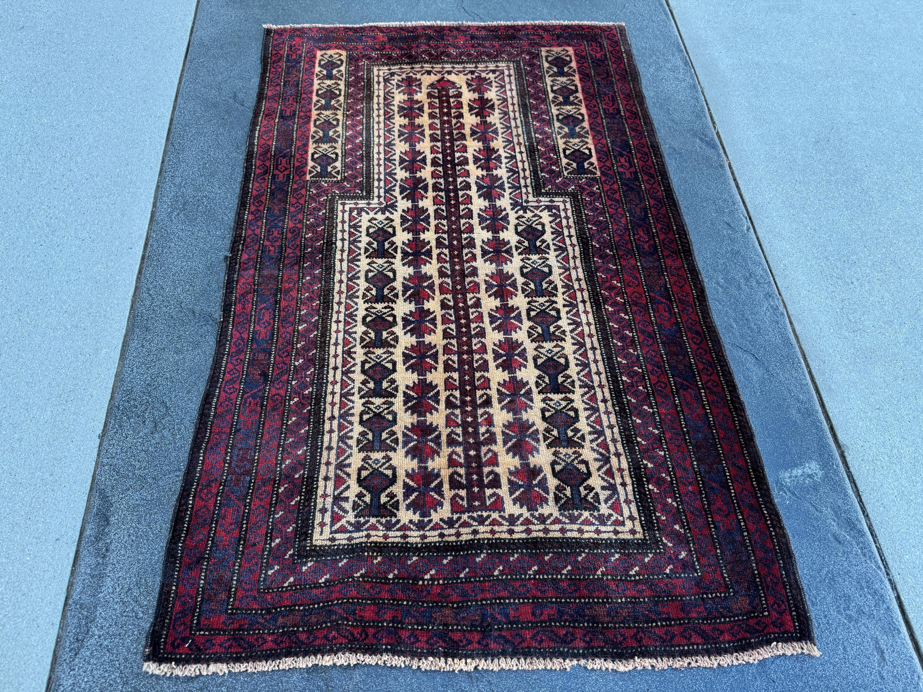 3x5 (91x152) Handmade Vintage Afghan Baluch Rug | Burgundy Wine Blood Brick Red Cream Midnight Navy Blue White | Wool Geometric