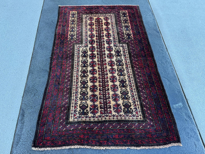 3x5 (91x152) Handmade Vintage Afghan Baluch Rug | Burgundy Wine Blood Brick Red Cream Midnight Navy Blue White | Wool Geometric