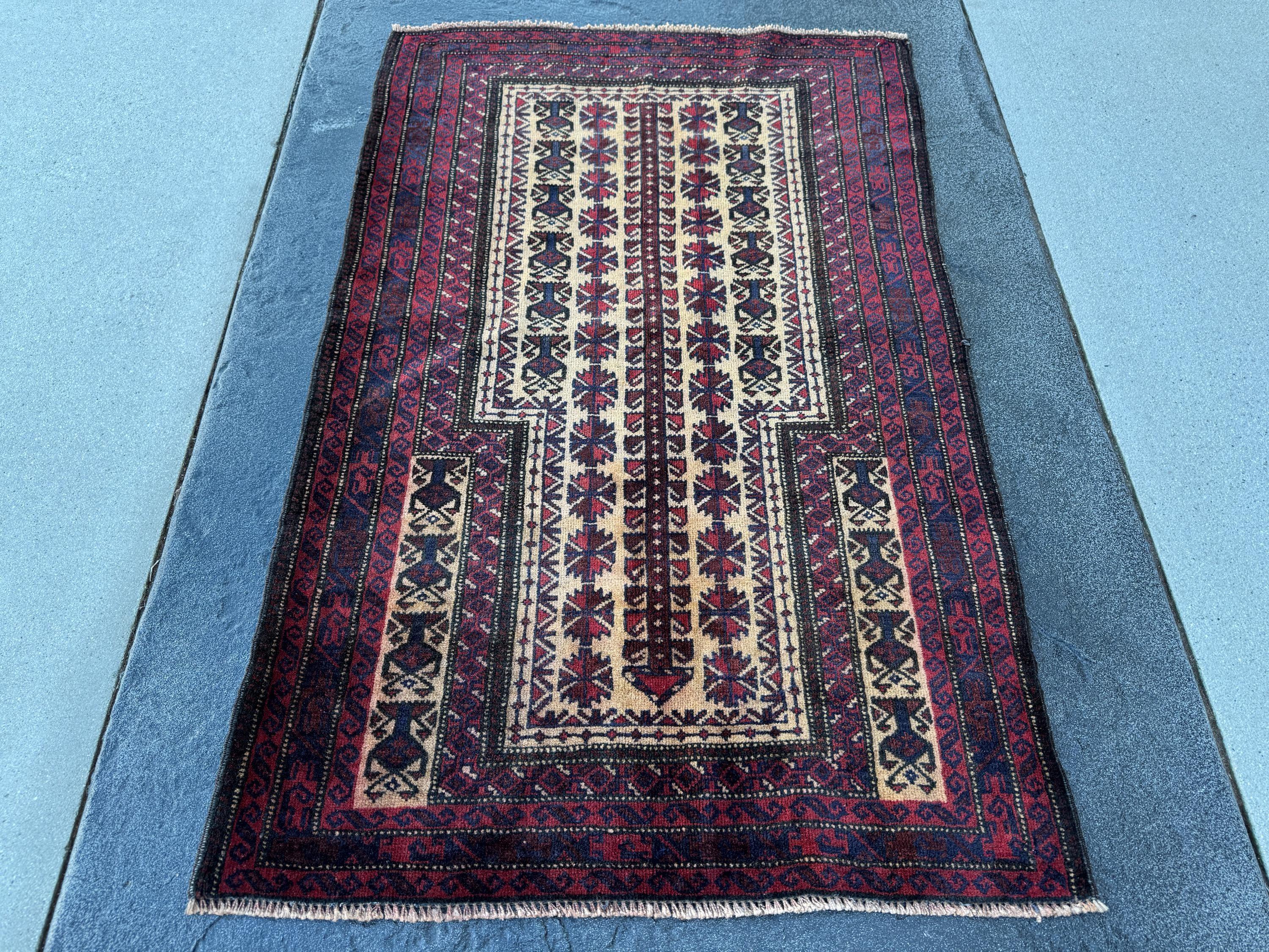 3x5 (91x152) Handmade Vintage Afghan Baluch Rug | Burgundy Wine Blood Brick Red Cream Midnight Navy Blue White | Wool Geometric
