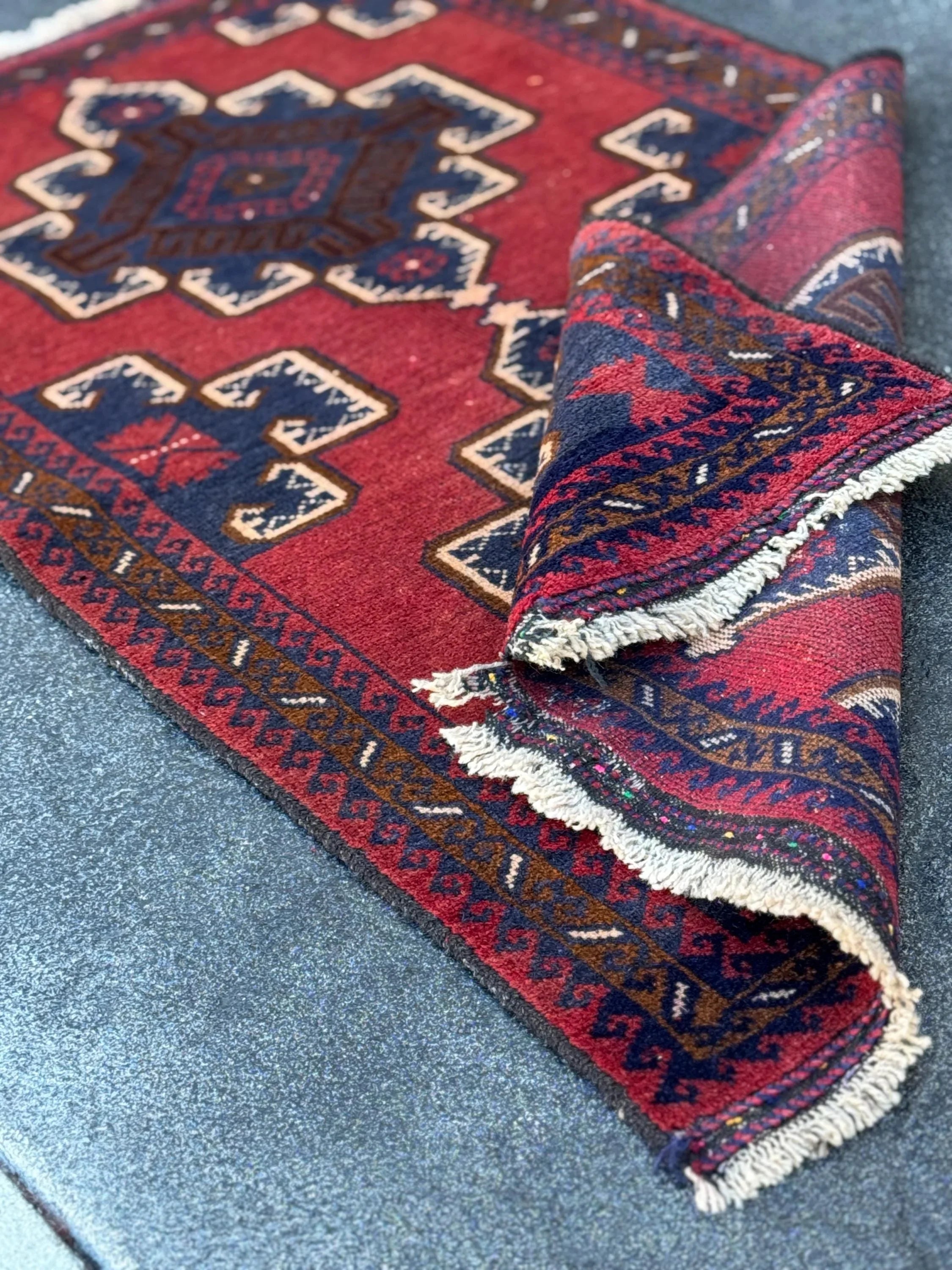 3x5 (91x152) Handmade Vintage Afghan Baluch Rug | Crimson Brick Burgundy Red Cream White Coffee Caramel Brown Navy Midnight Blue | Wool