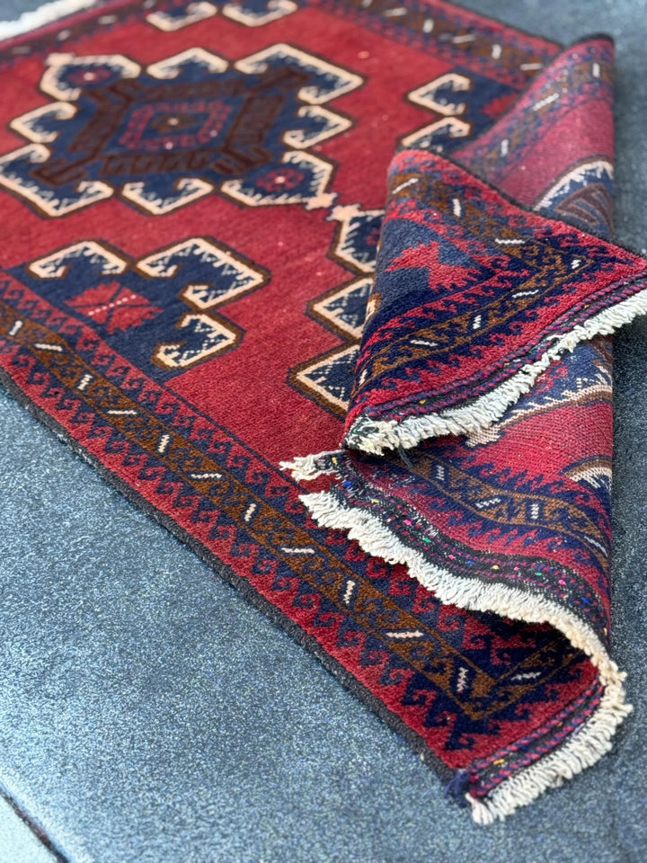 3x5 (91x152) Handmade Vintage Afghan Baluch Rug | Crimson Brick Burgundy Red Cream White Coffee Caramel Brown Navy Midnight Blue | Wool