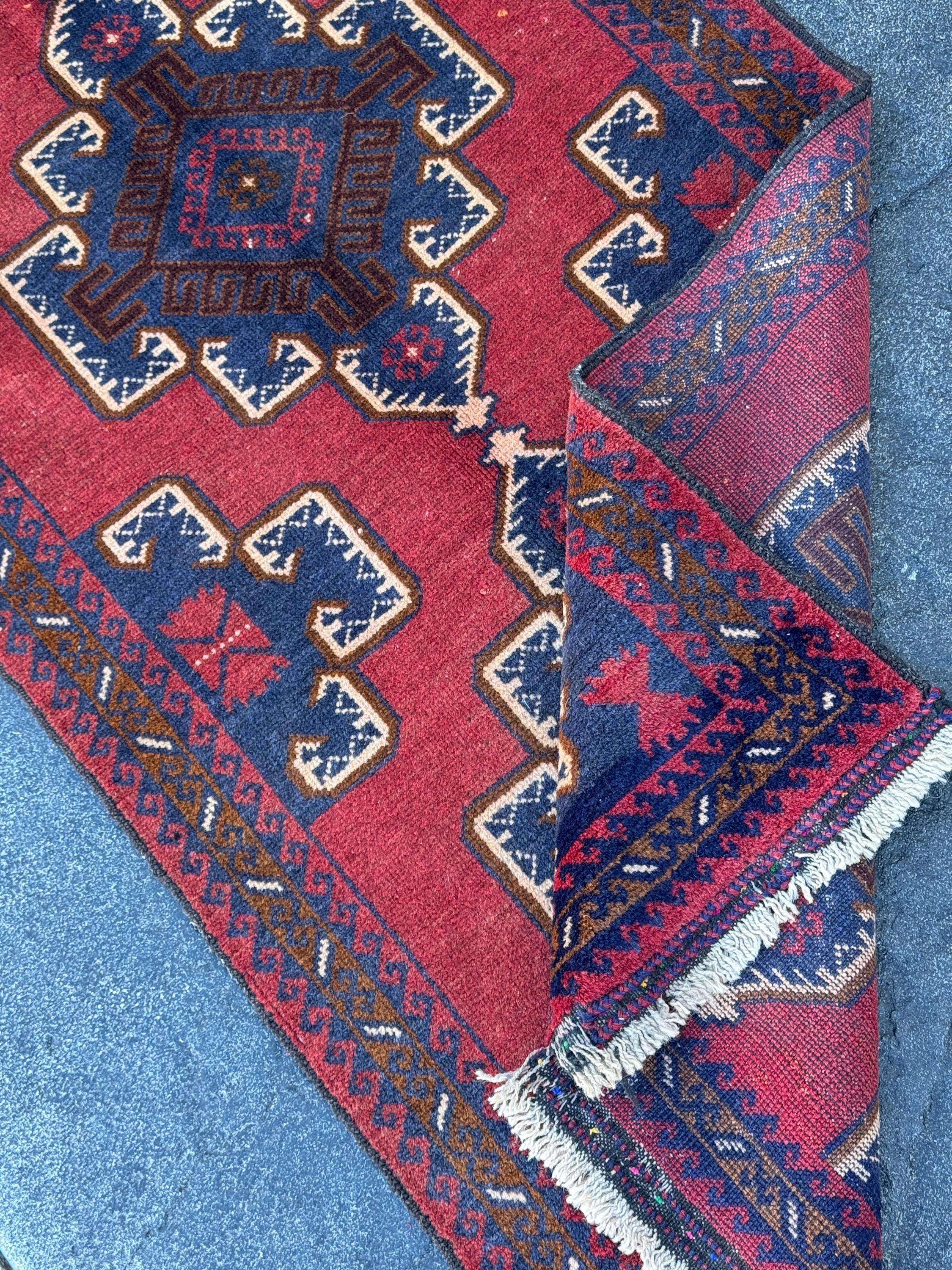 3x5 (91x152) Handmade Vintage Afghan Baluch Rug | Crimson Brick Burgundy Red Cream White Coffee Caramel Brown Navy Midnight Blue | Wool