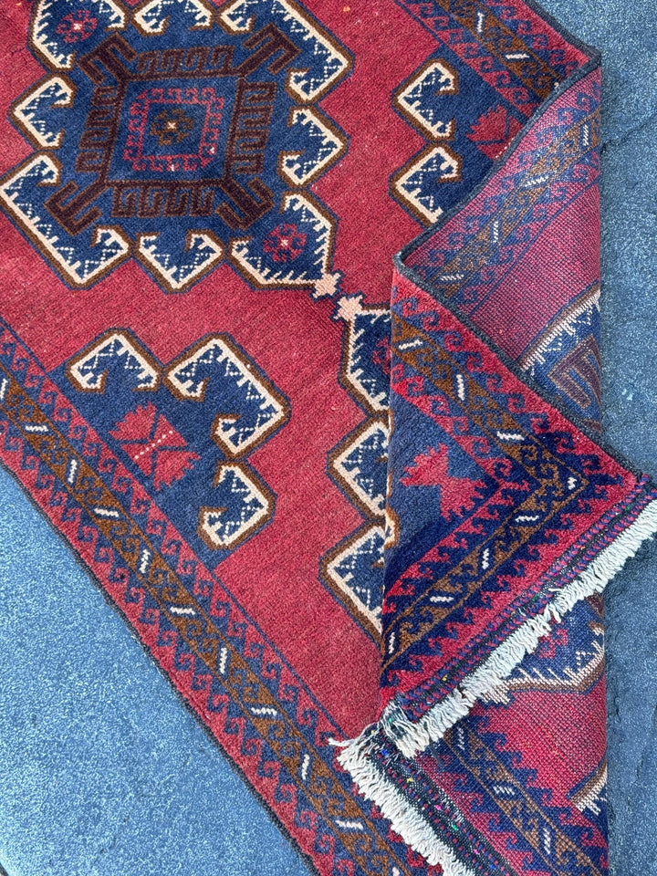 3x5 (91x152) Handmade Vintage Afghan Baluch Rug | Crimson Brick Burgundy Red Cream White Coffee Caramel Brown Navy Midnight Blue | Wool