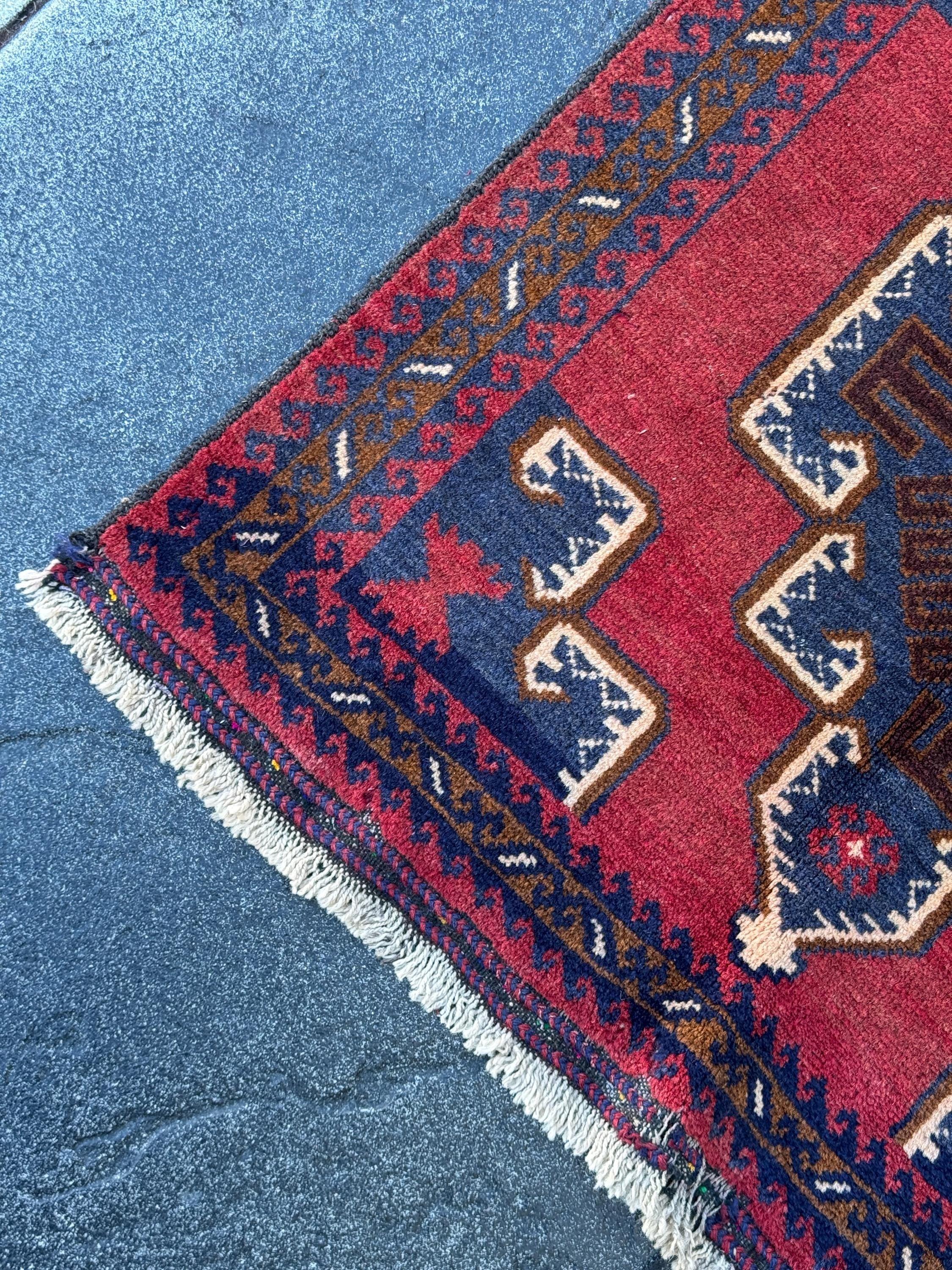 3x5 (91x152) Handmade Vintage Afghan Baluch Rug | Crimson Brick Burgundy Red Cream White Coffee Caramel Brown Navy Midnight Blue | Wool