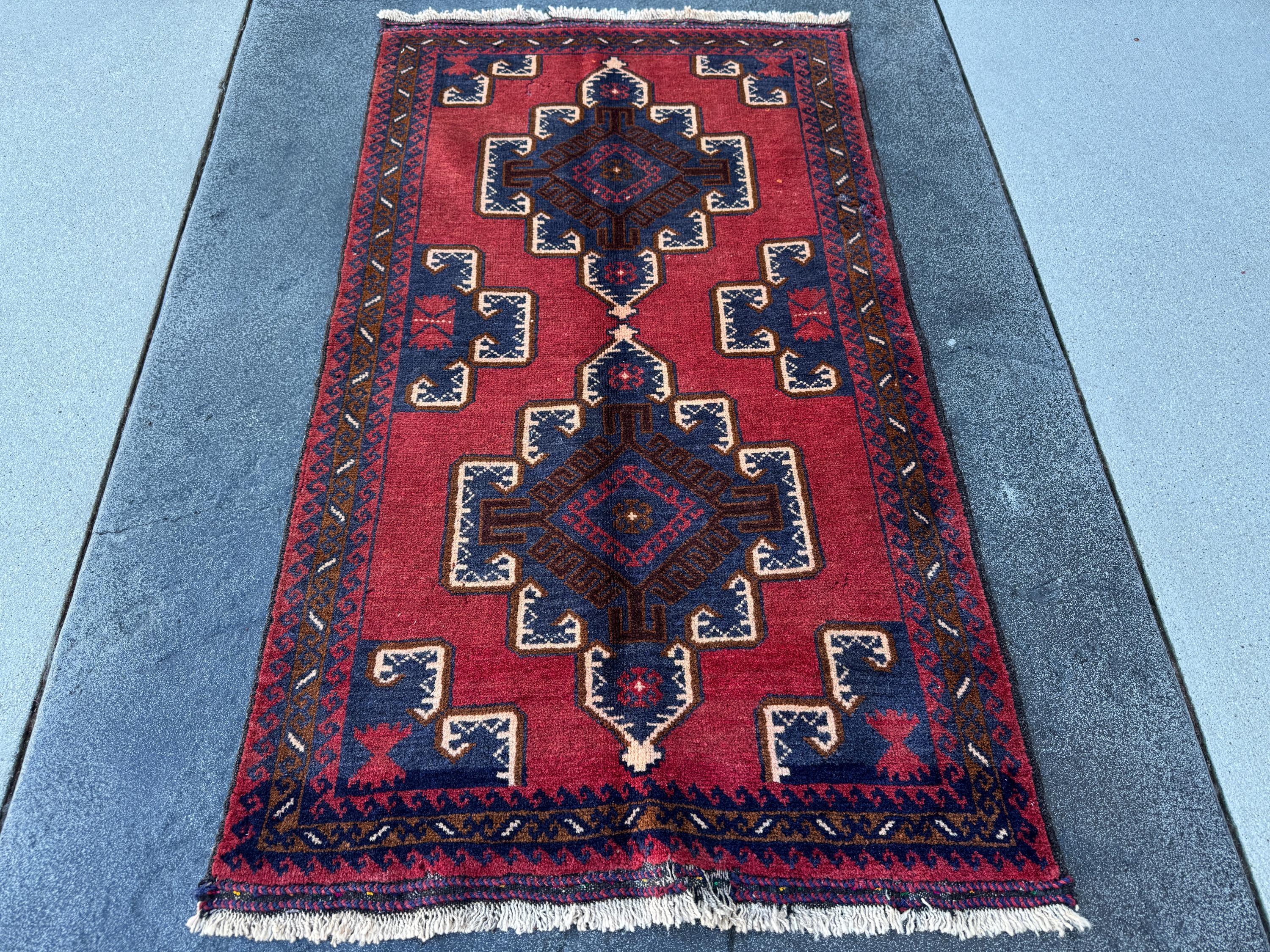 3x5 (91x152) Handmade Vintage Afghan Baluch Rug | Crimson Brick Burgundy Red Cream White Coffee Caramel Brown Navy Midnight Blue | Wool