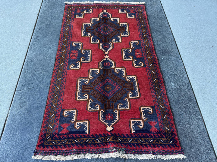 3x5 (91x152) Handmade Vintage Afghan Baluch Rug | Crimson Brick Burgundy Red Cream White Coffee Caramel Brown Navy Midnight Blue | Wool
