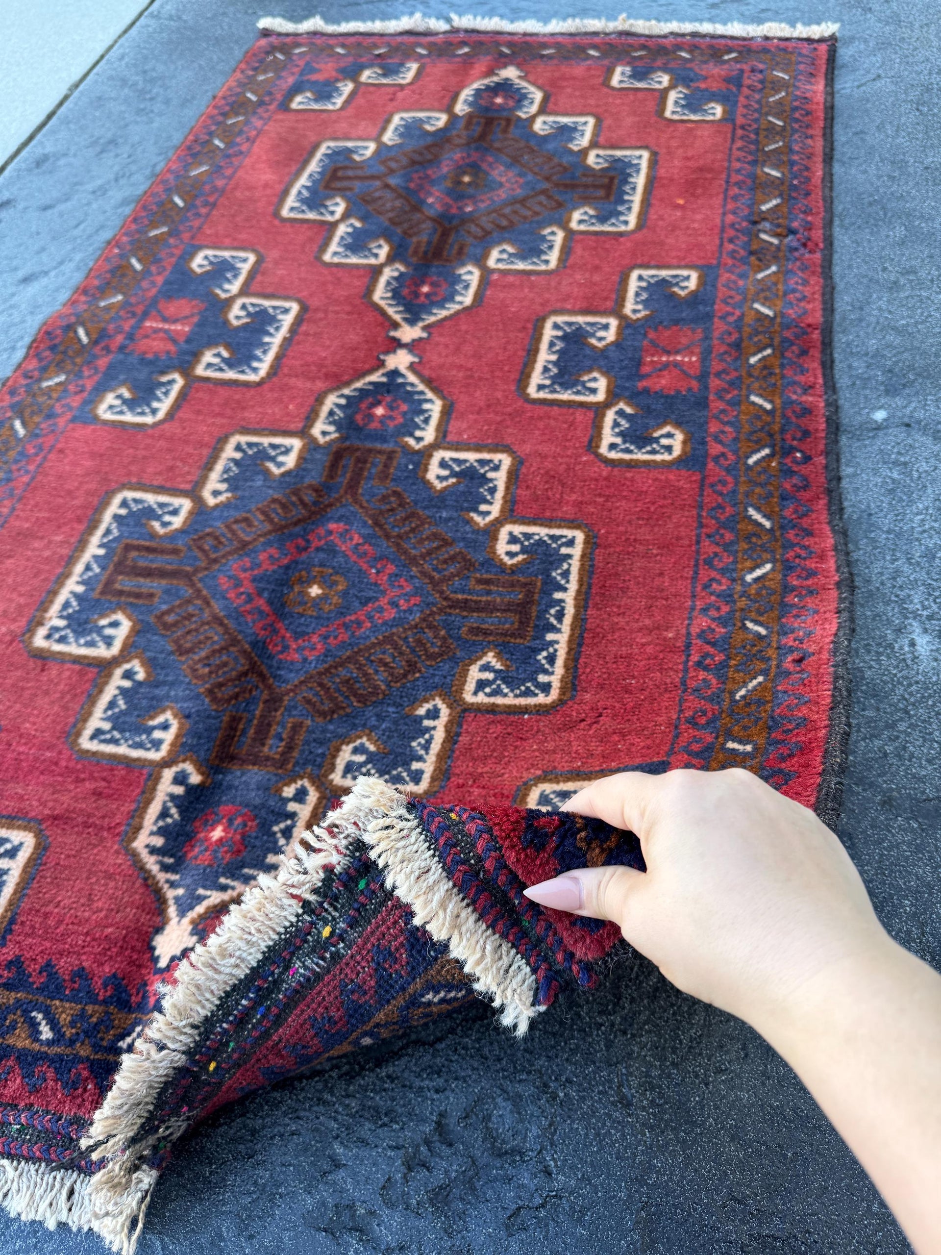 3x5 (91x152) Handmade Vintage Afghan Baluch Rug | Crimson Brick Burgundy Red Cream White Coffee Caramel Brown Navy Midnight Blue | Wool