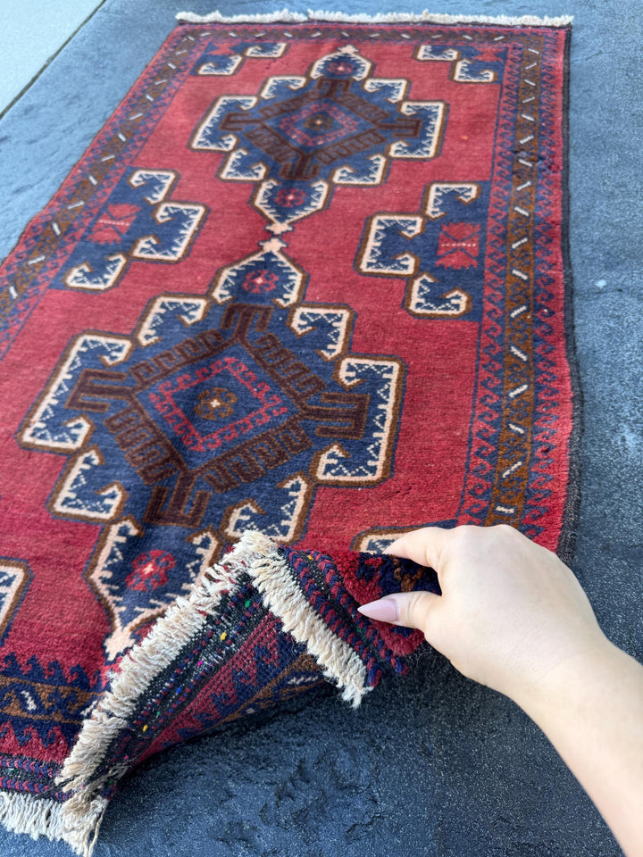 3x5 (91x152) Handmade Vintage Afghan Baluch Rug | Crimson Brick Burgundy Red Cream White Coffee Caramel Brown Navy Midnight Blue | Wool