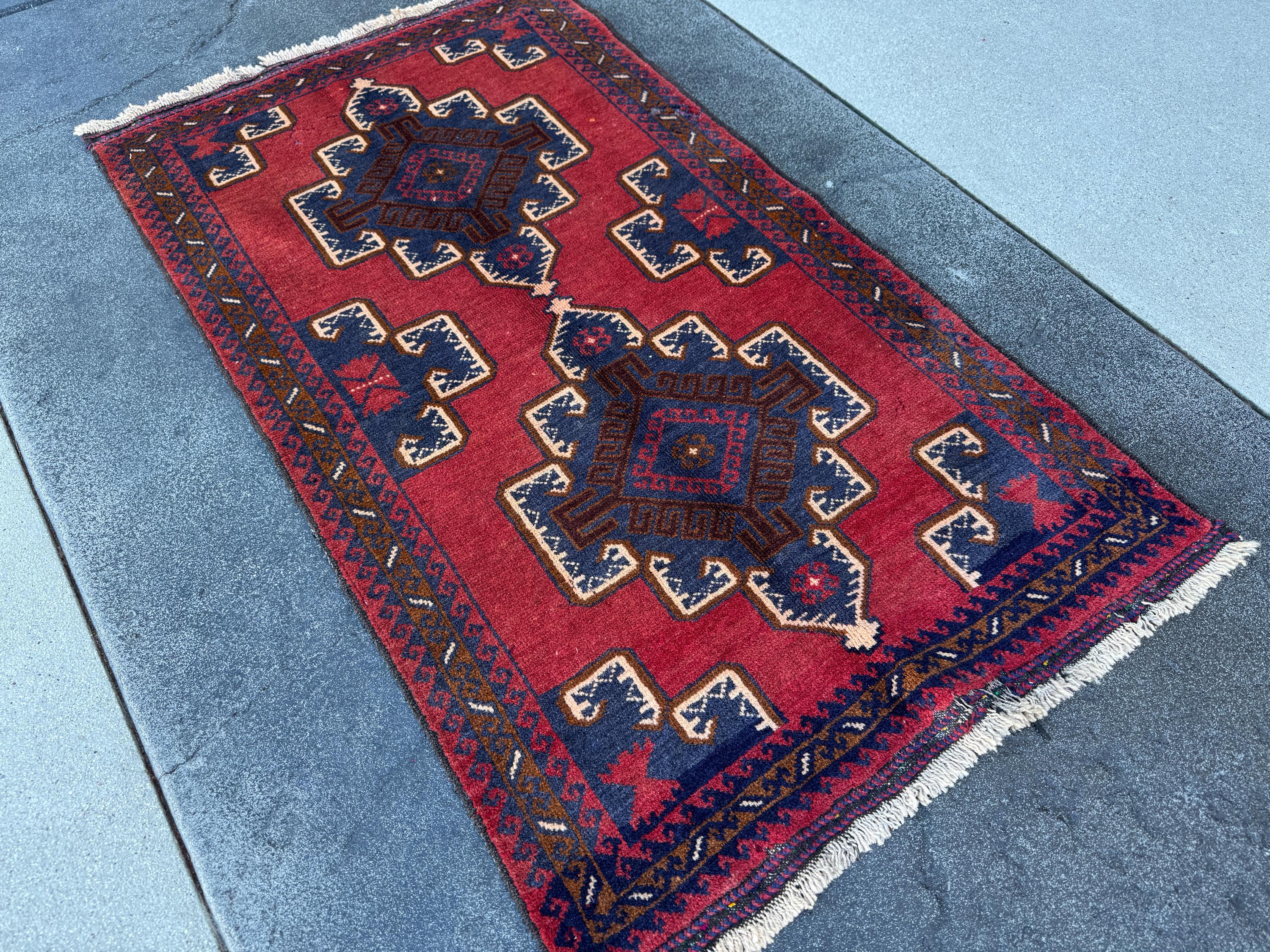 3x5 (91x152) Handmade Vintage Afghan Baluch Rug | Crimson Brick Burgundy Red Cream White Coffee Caramel Brown Navy Midnight Blue | Wool