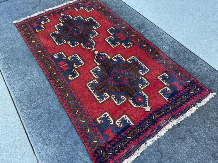 3x5 (91x152) Handmade Vintage Afghan Baluch Rug | Crimson Brick Burgundy Red Cream White Coffee Caramel Brown Navy Midnight Blue | Wool