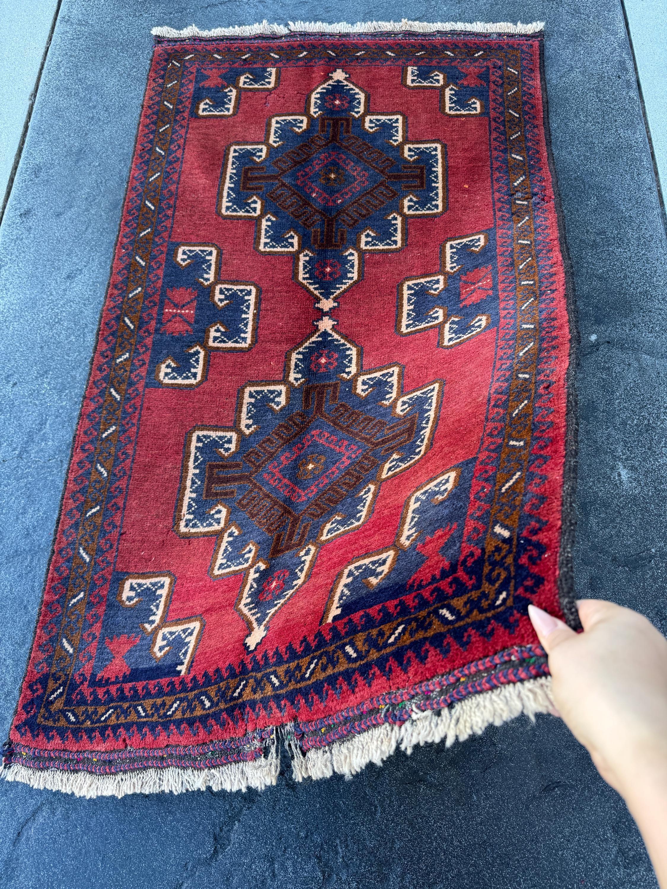 3x5 (91x152) Handmade Vintage Afghan Baluch Rug | Crimson Brick Burgundy Red Cream White Coffee Caramel Brown Navy Midnight Blue | Wool