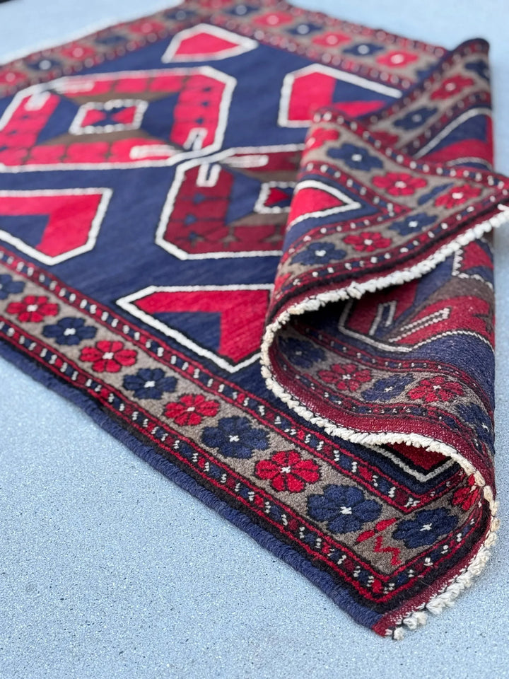 3x5 (91x152) Handmade Vintage Afghan Baluch Rug | Navy Midnight Blue Crimson Red Taupe Tan Beige Grey White Cream Ivory | Wool Traditional