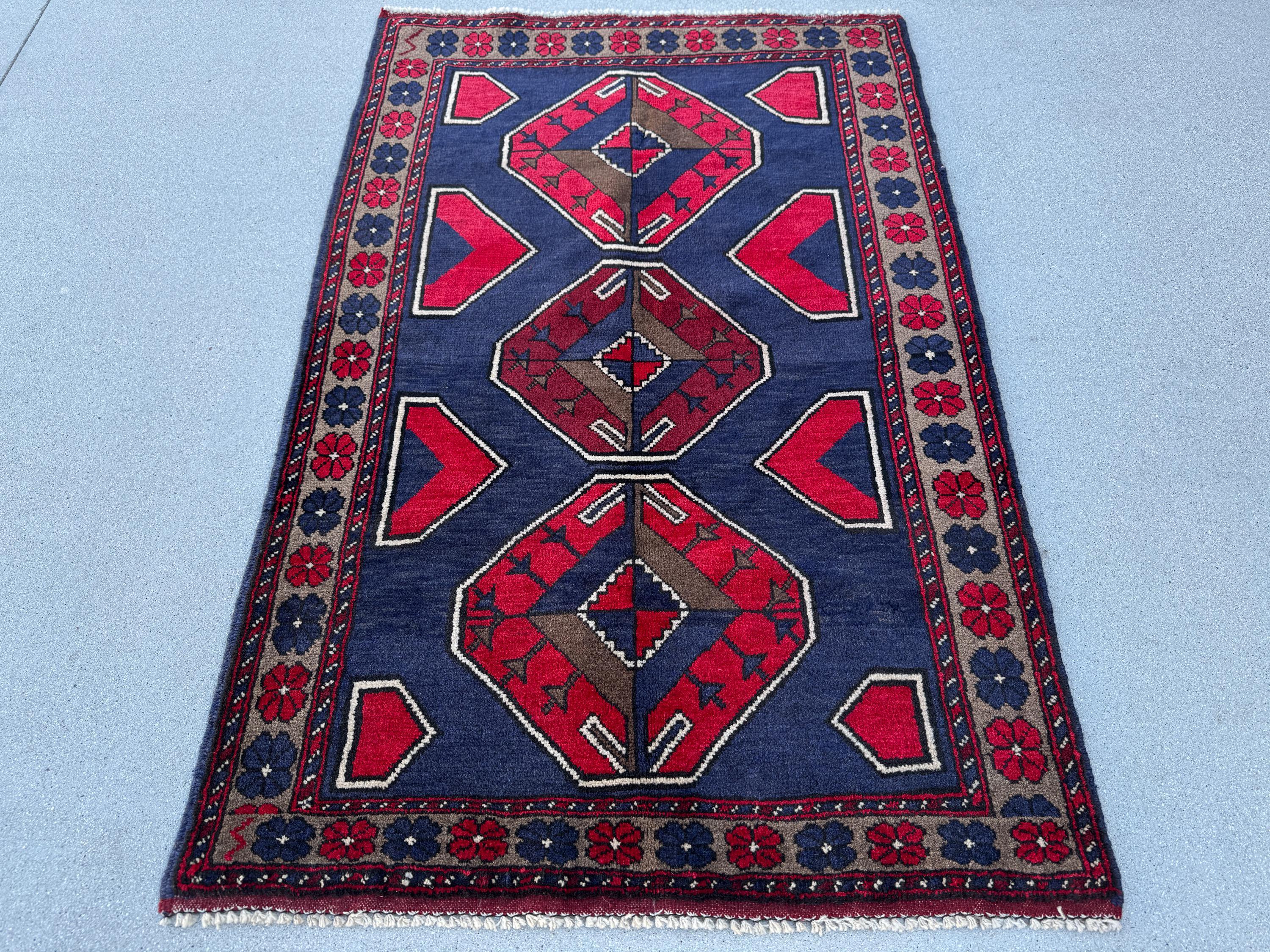 3x5 (91x152) Handmade Vintage Afghan Baluch Rug | Navy Midnight Blue Crimson Red Taupe Tan Beige Grey White Cream Ivory | Wool Traditional