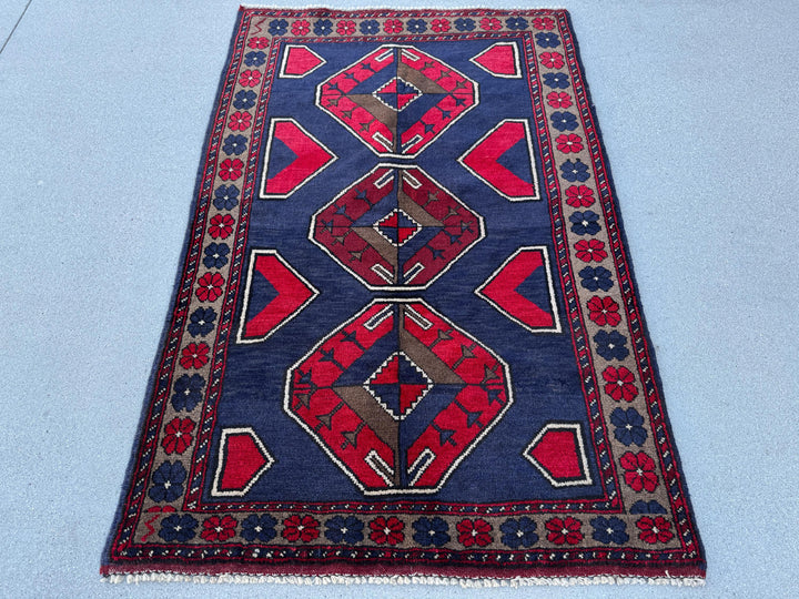 3x5 (91x152) Handmade Vintage Afghan Baluch Rug | Navy Midnight Blue Crimson Red Taupe Tan Beige Grey White Cream Ivory | Wool Traditional