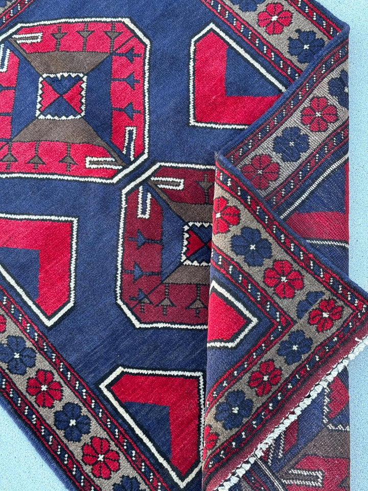 3x5 (91x152) Handmade Vintage Afghan Baluch Rug | Navy Midnight Blue Crimson Red Taupe Tan Beige Grey White Cream Ivory | Wool Traditional