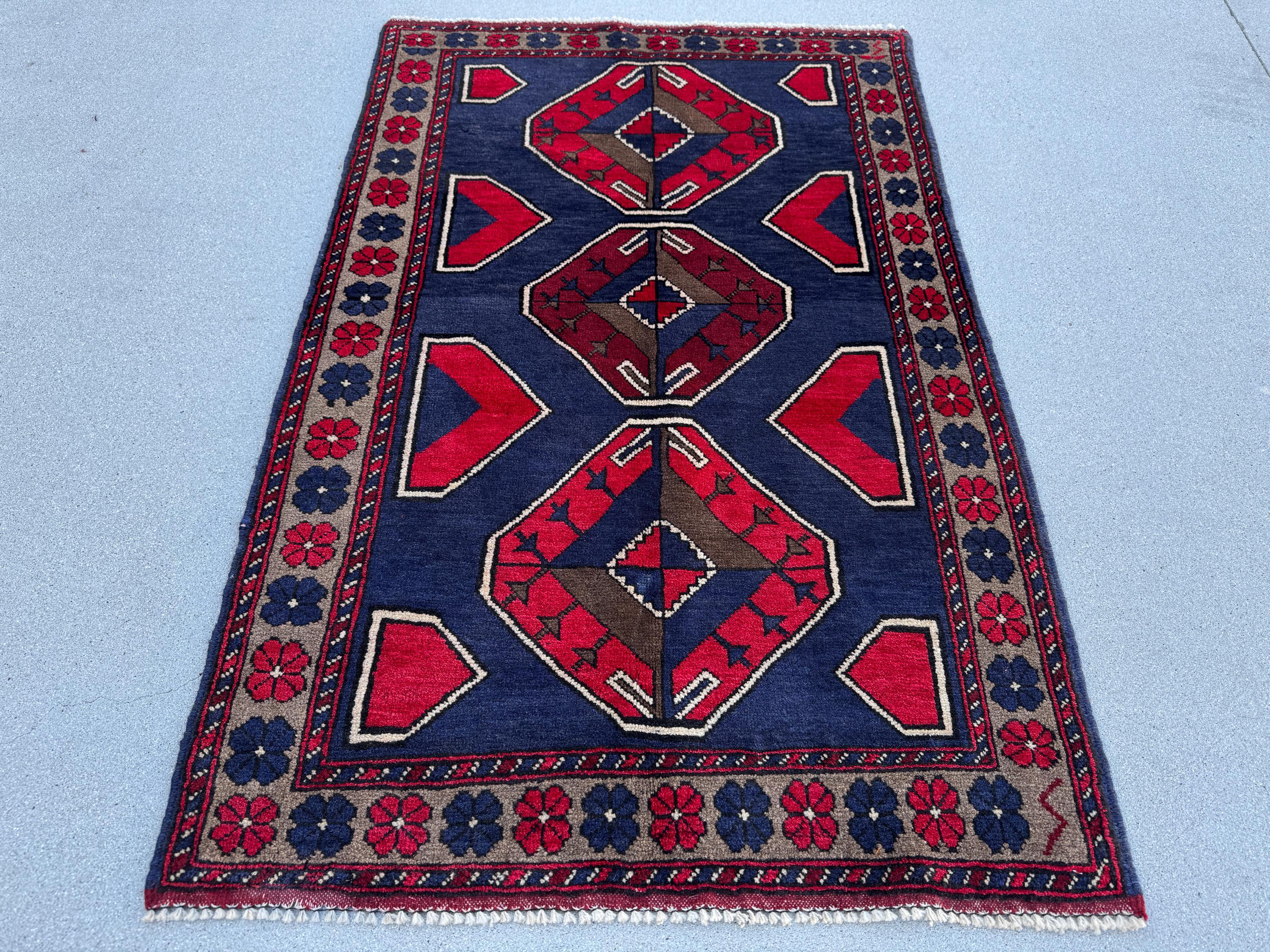3x5 (91x152) Handmade Vintage Afghan Baluch Rug | Navy Midnight Blue Crimson Red Taupe Tan Beige Grey White Cream Ivory | Wool Traditional